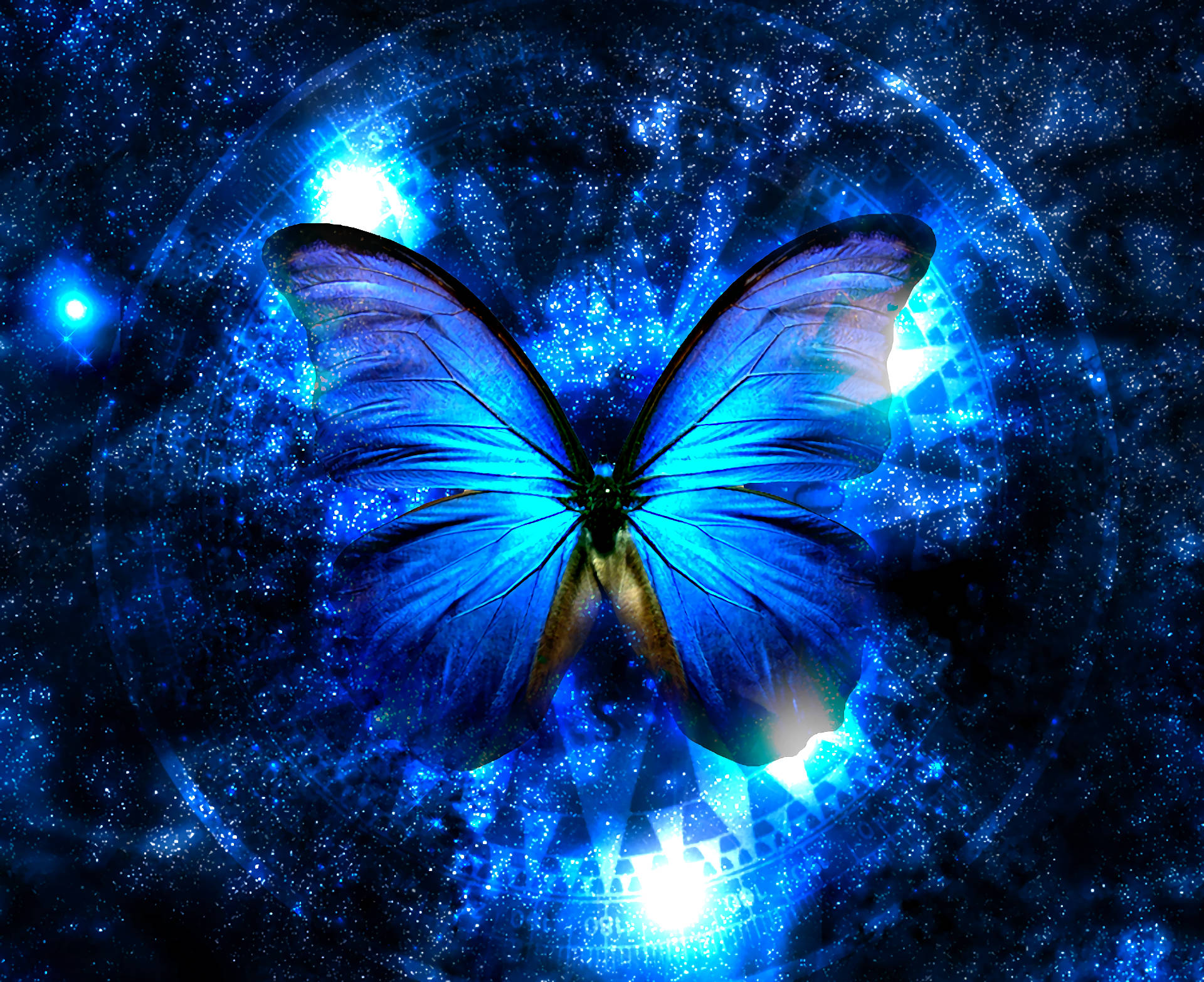 Blue Butterfly Galaxy, glowing wings, swirling cosmic nebula, Full HD Desktop Wallpaper