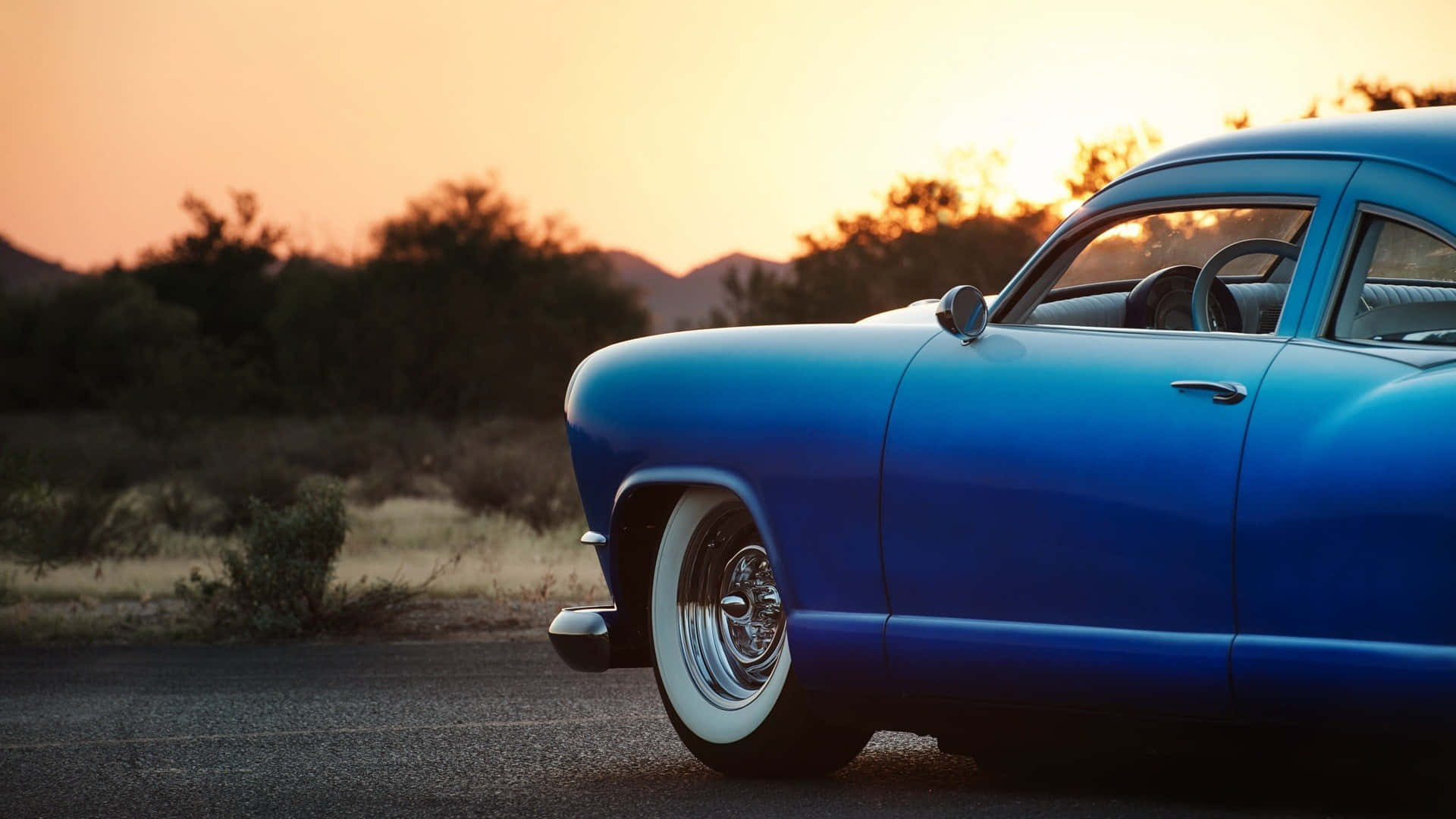 blue car, classic car, desert road, Full HD Desktop Wallpaper