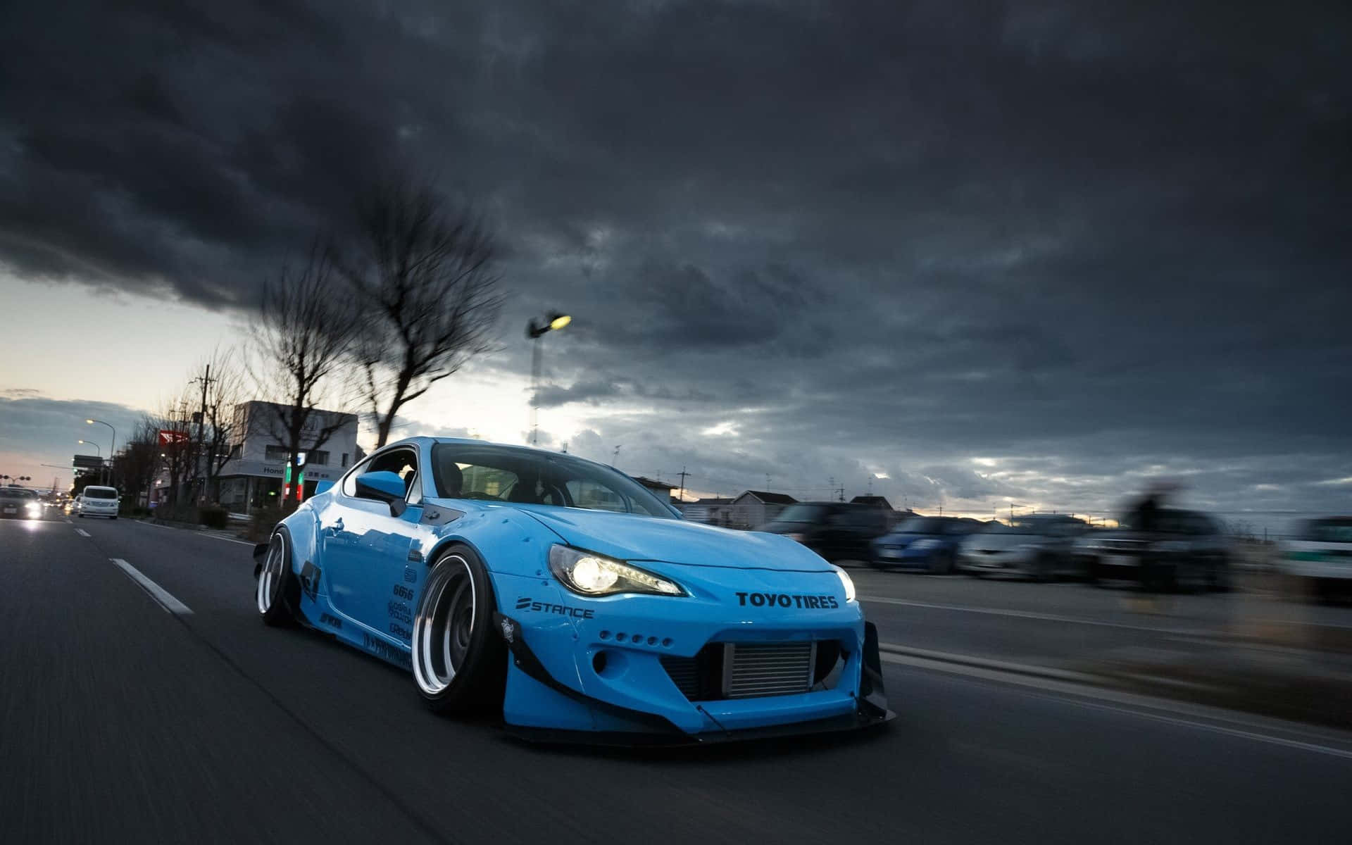 blue drift car, wet urban street, stormy twilight sky, Full HD Desktop Wallpaper