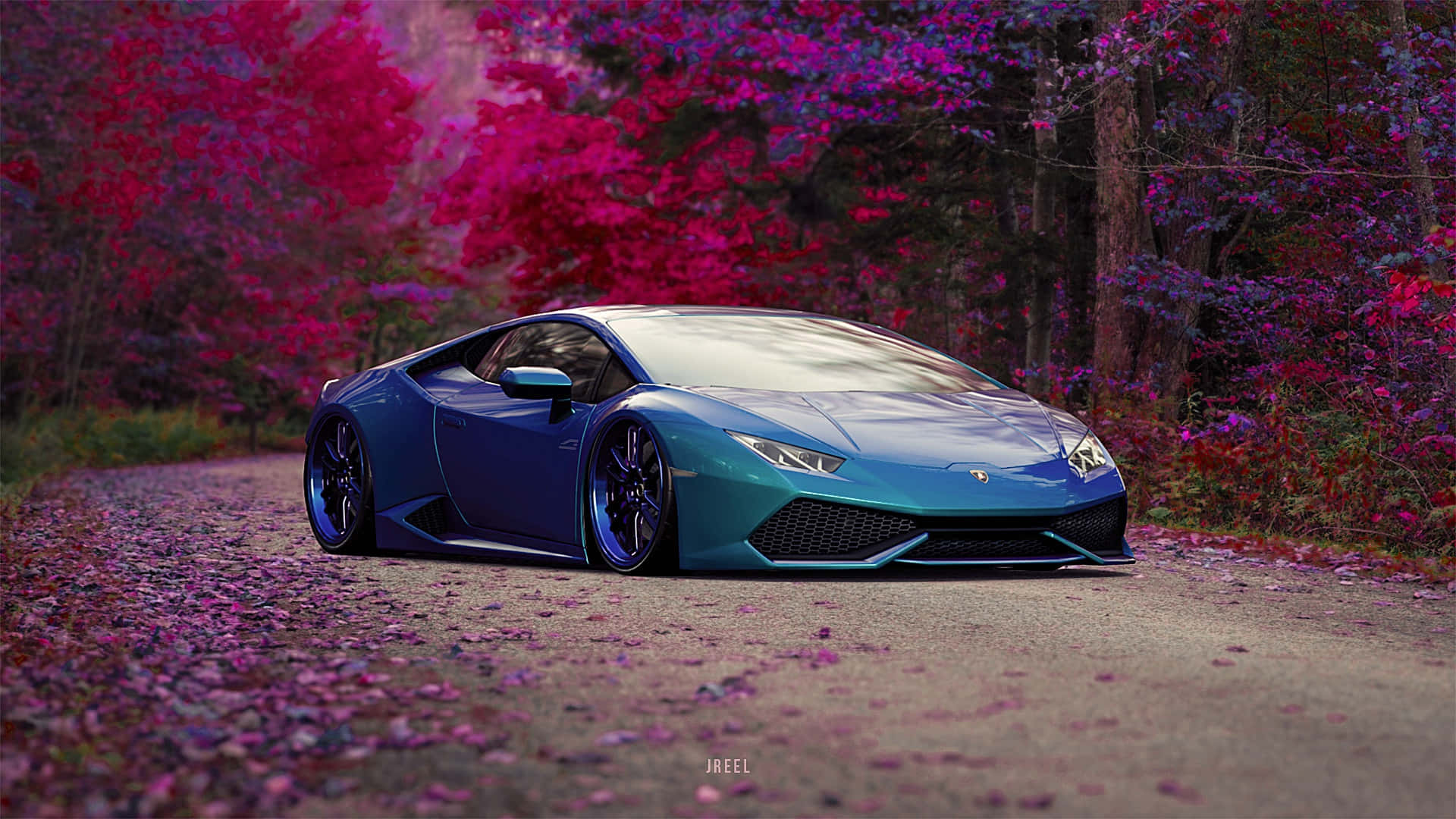 blue sports car, gravel road, vibrant pink and purple foliage, Full HD Desktop Wallpaper