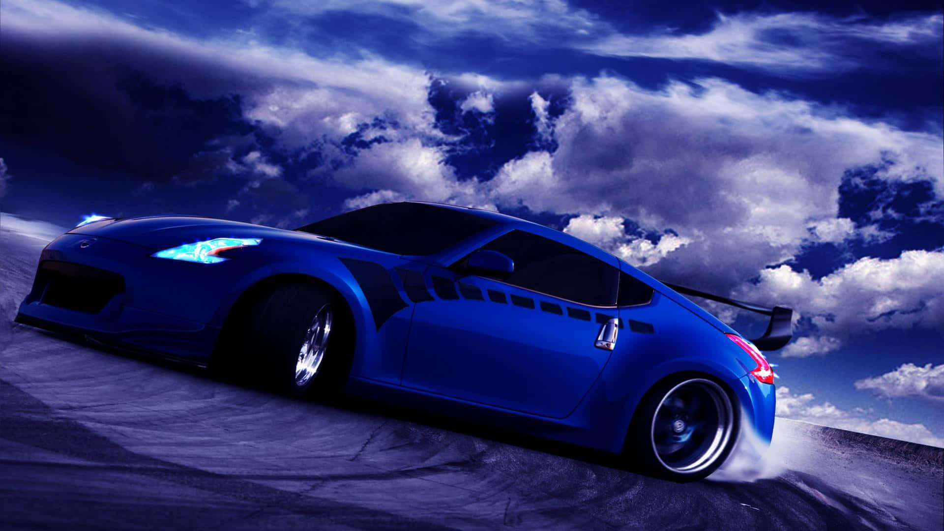 blue sports car, dark road, dramatic cloudy sky, Full HD Desktop Wallpaper