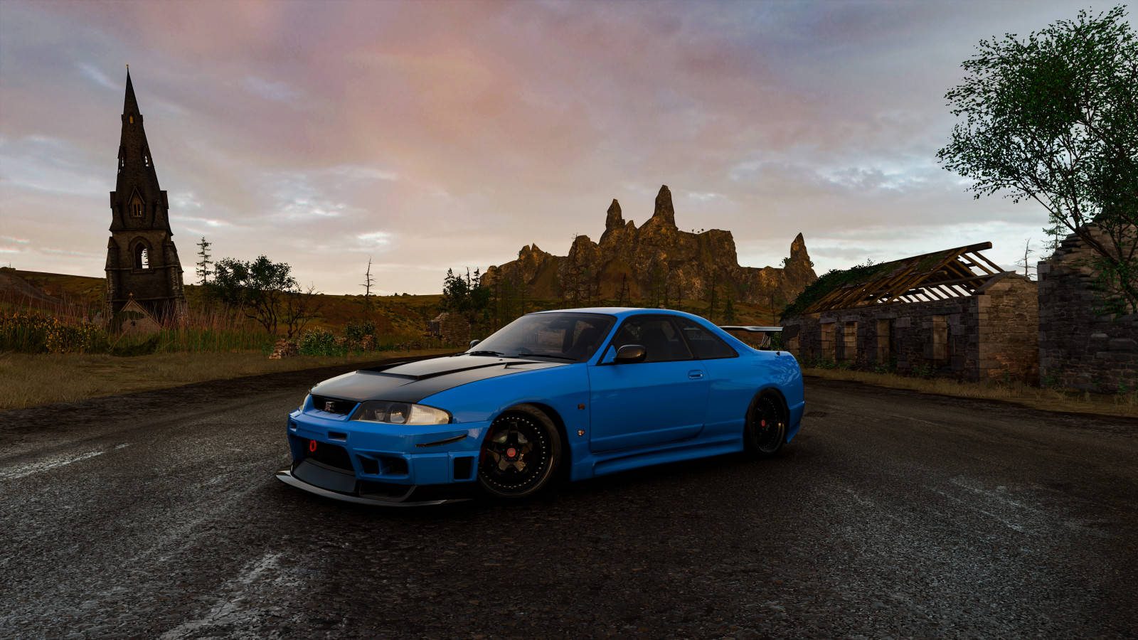 blue sports car, black accents, gravel road, HD Desktop Wallpaper