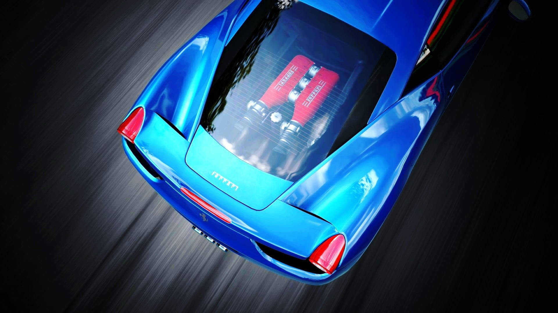 blue sports car, red engine, blurred dark background, Full HD Desktop Wallpaper