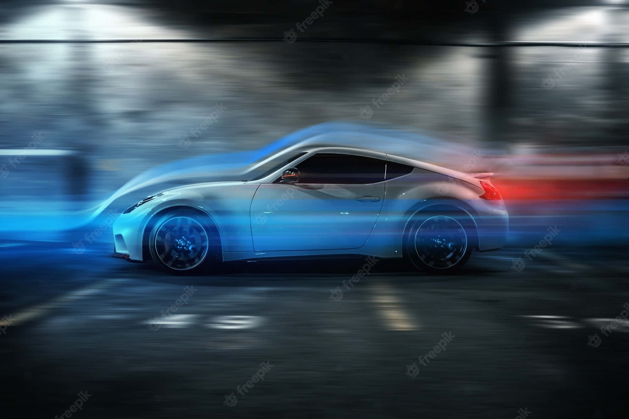 silver sports car, urban tunnel, vibrant blue motion trails, Full HD Desktop Wallpaper
