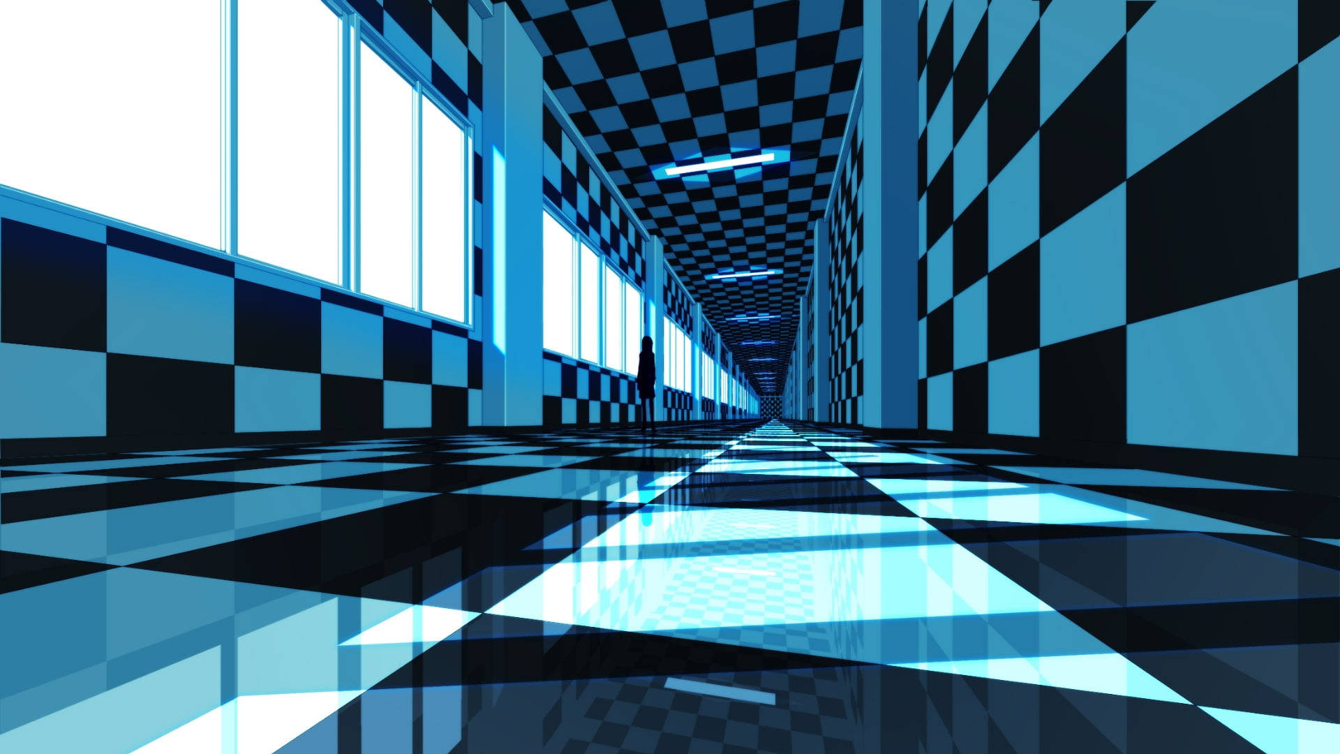 blue checkered, black and blue checkered, futuristic hallway, Full HD Desktop Wallpaper