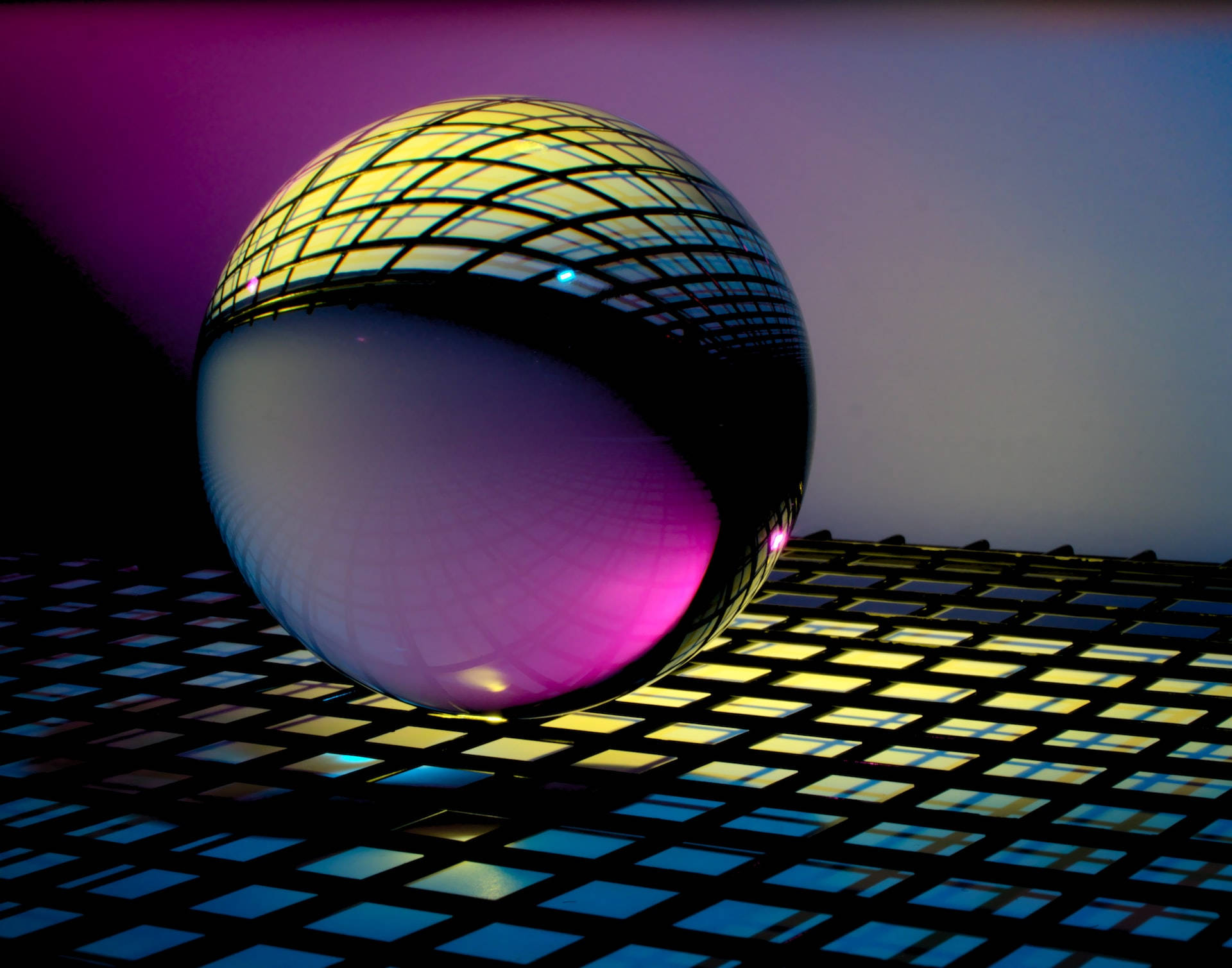 glass orb, blue checkered background, grid patterns, Full HD Desktop Wallpaper
