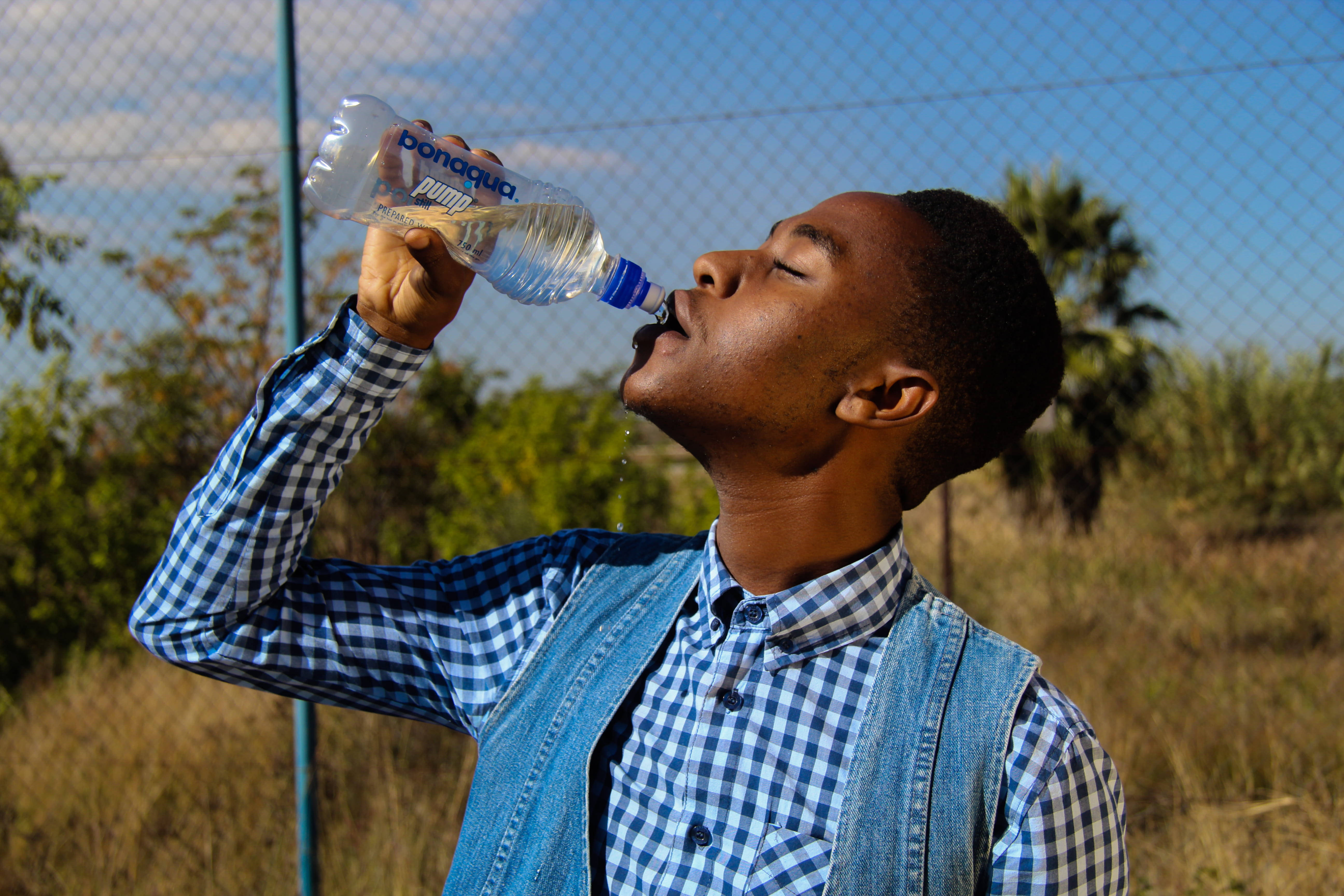 blue checkered shirt, denim vest, bottle, 5K Desktop Wallpaper
