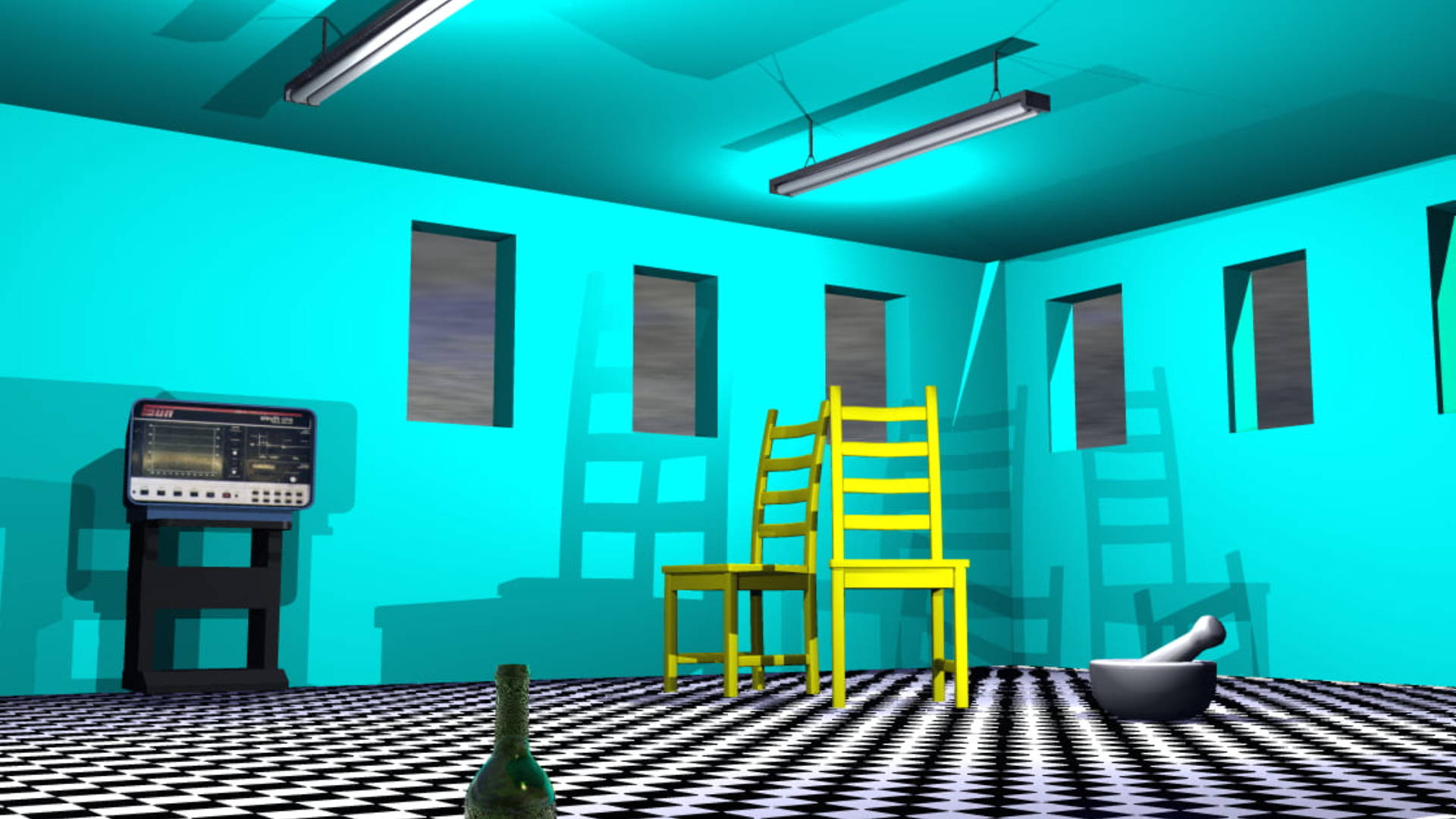 blue checkered room, turquoise walls, black and white checkered floor, Full HD Desktop Wallpaper