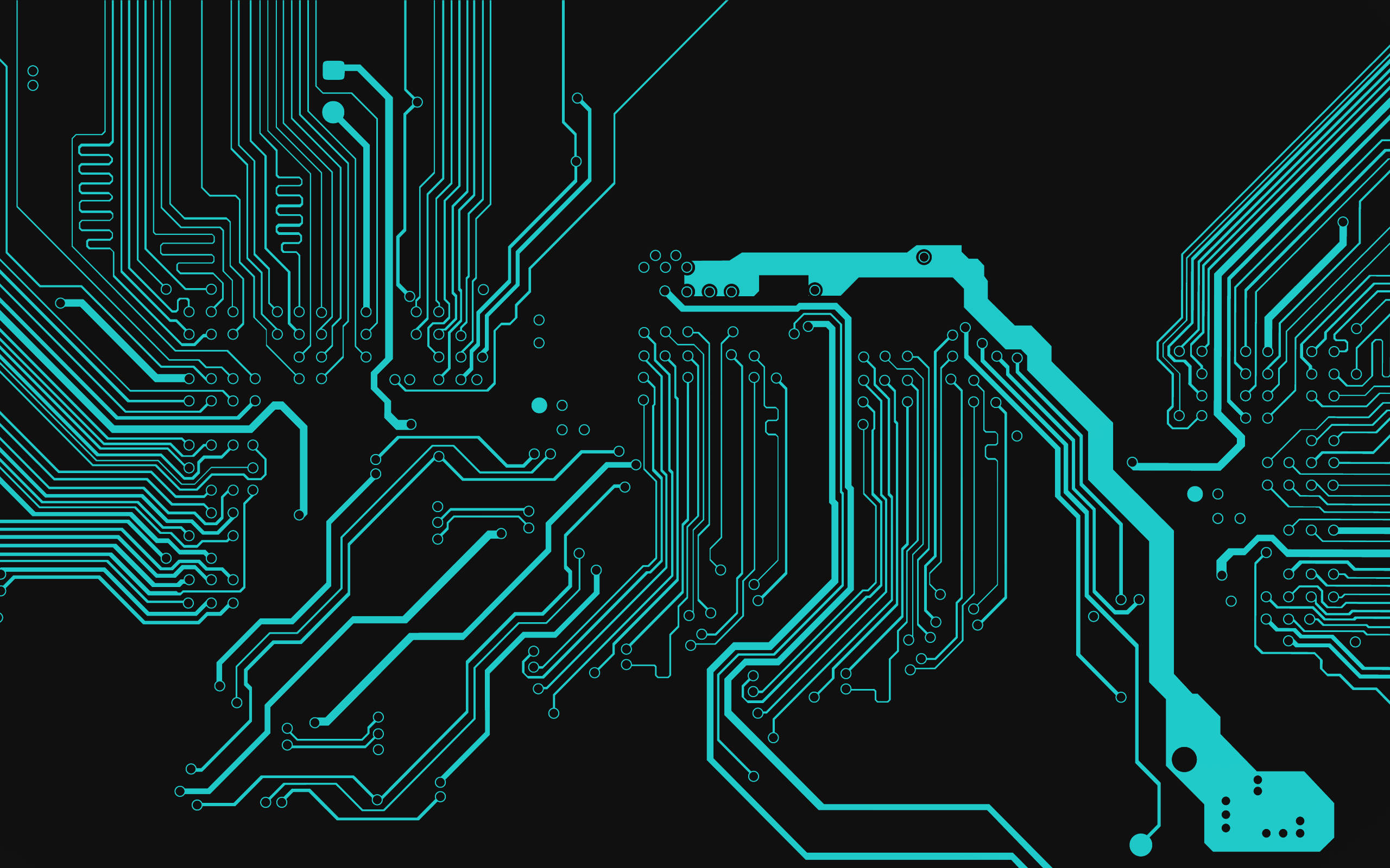 blue circuit board traces, teal circuit board pathways, stark black background, 2K Desktop Wallpaper