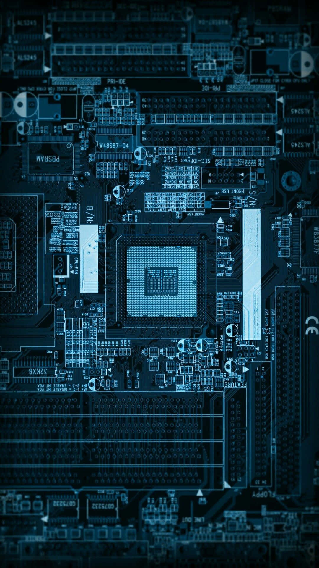 blue-tinted computer motherboard, central CPU, intricate circuitry, Full HD Phone Wallpaper