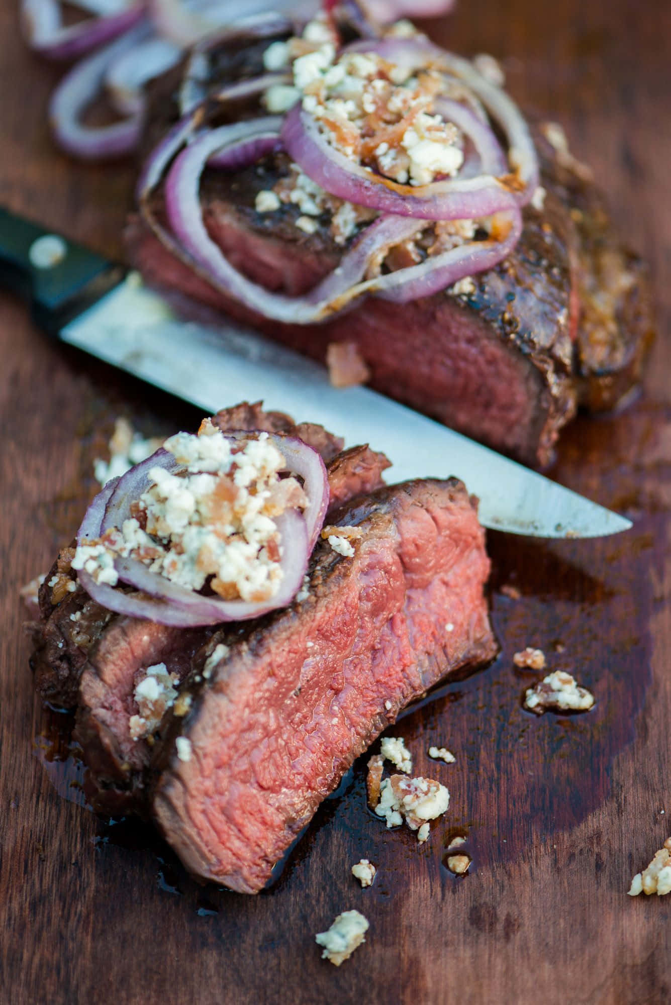 Blue Cheese, medium-rare steak, red onions, Full HD Phone Wallpaper