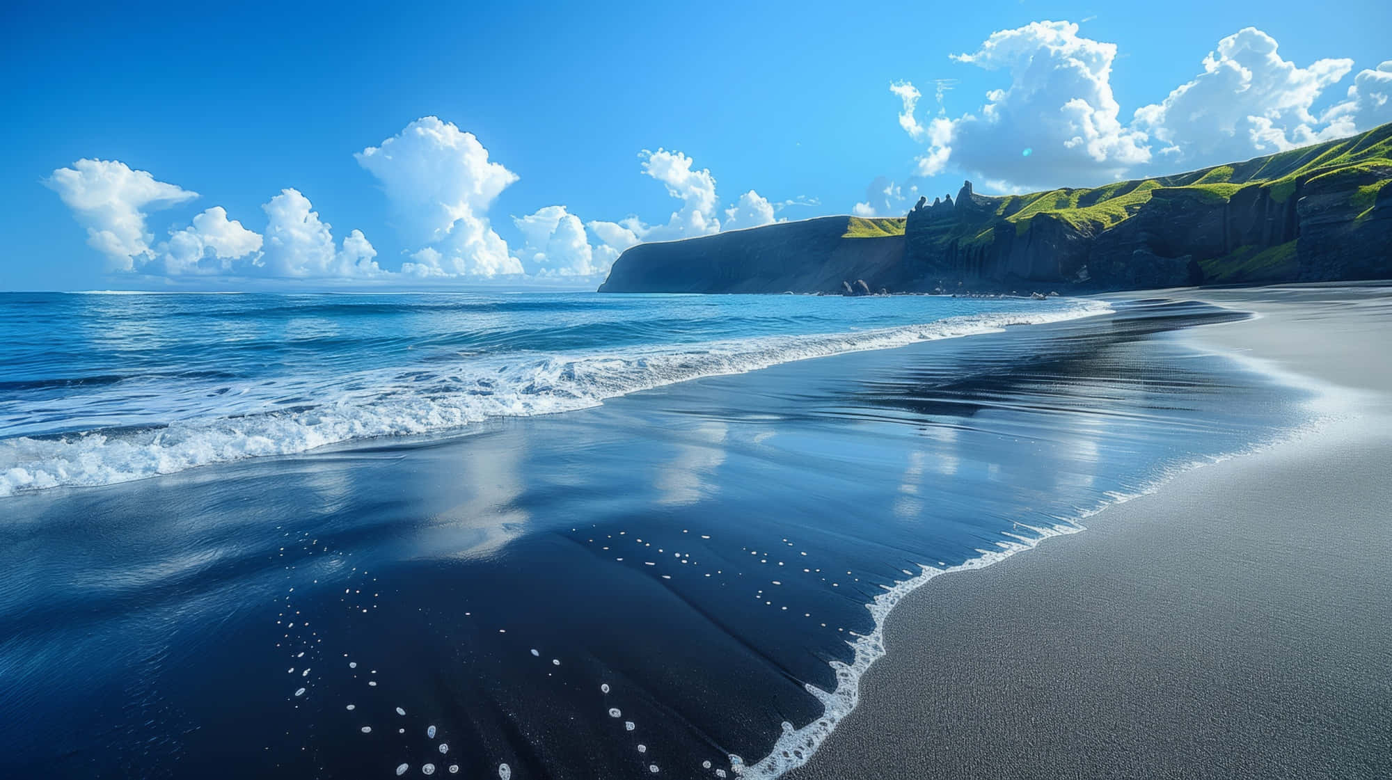 Black volcanic sand beach, turquoise waves, bright blue sky, Full HD Desktop Wallpaper