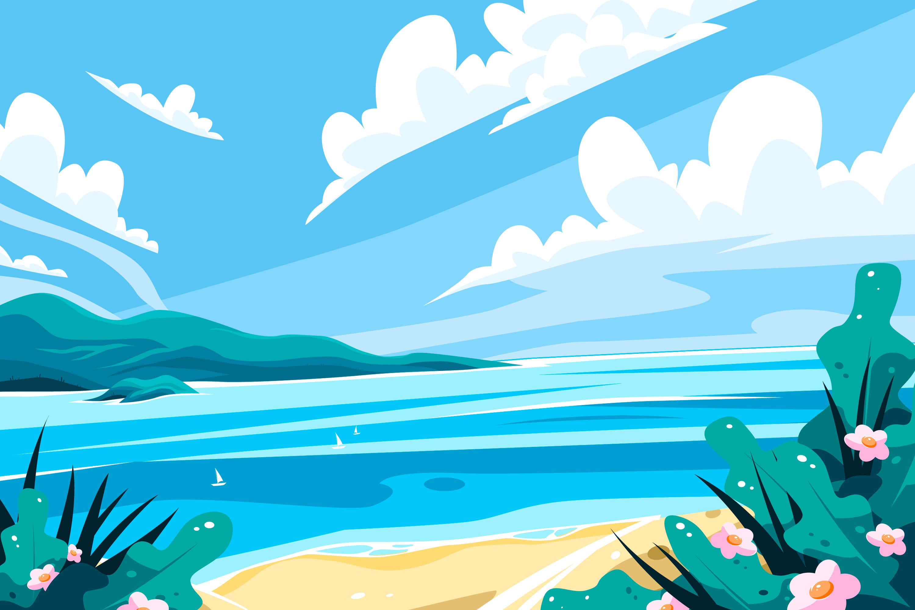 turquoise water, sandy shore, green cacti, 2K Desktop Wallpaper