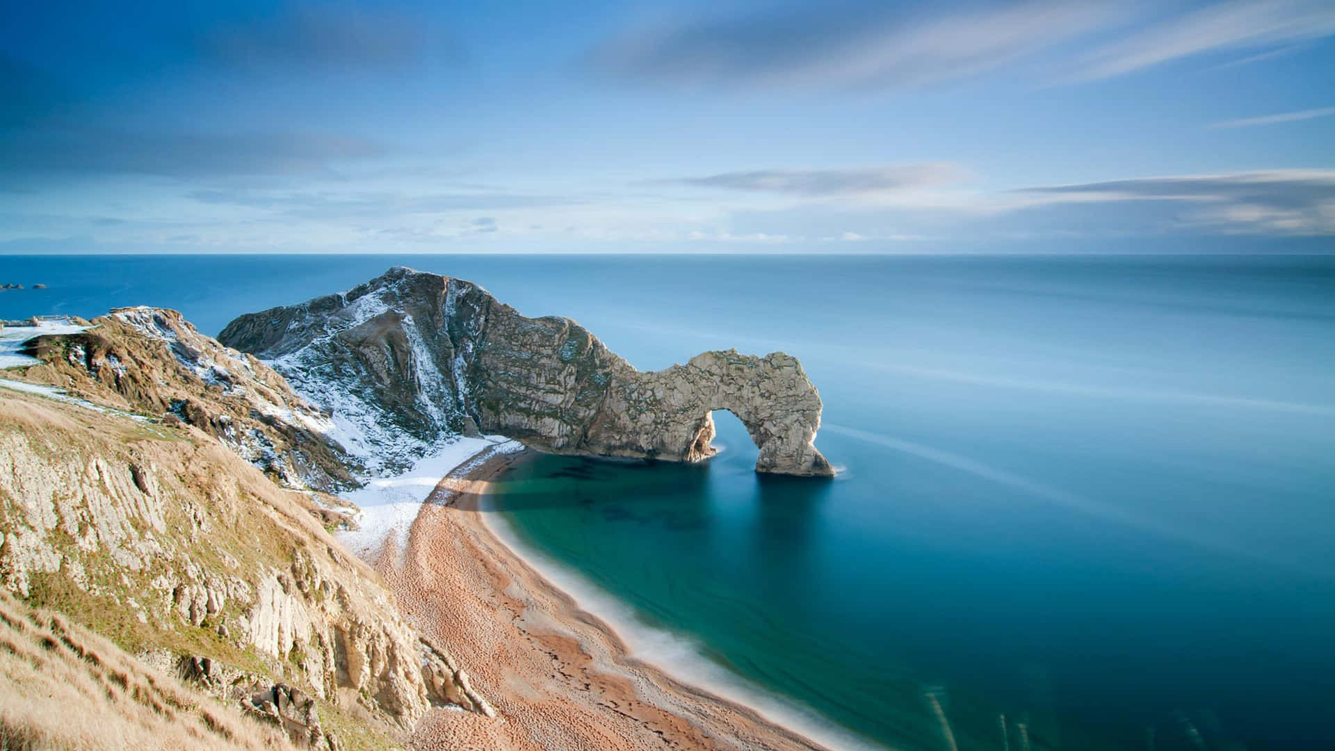 serene blue coastal arch, natural rock arch, turquoise sea, Full HD Desktop Wallpaper