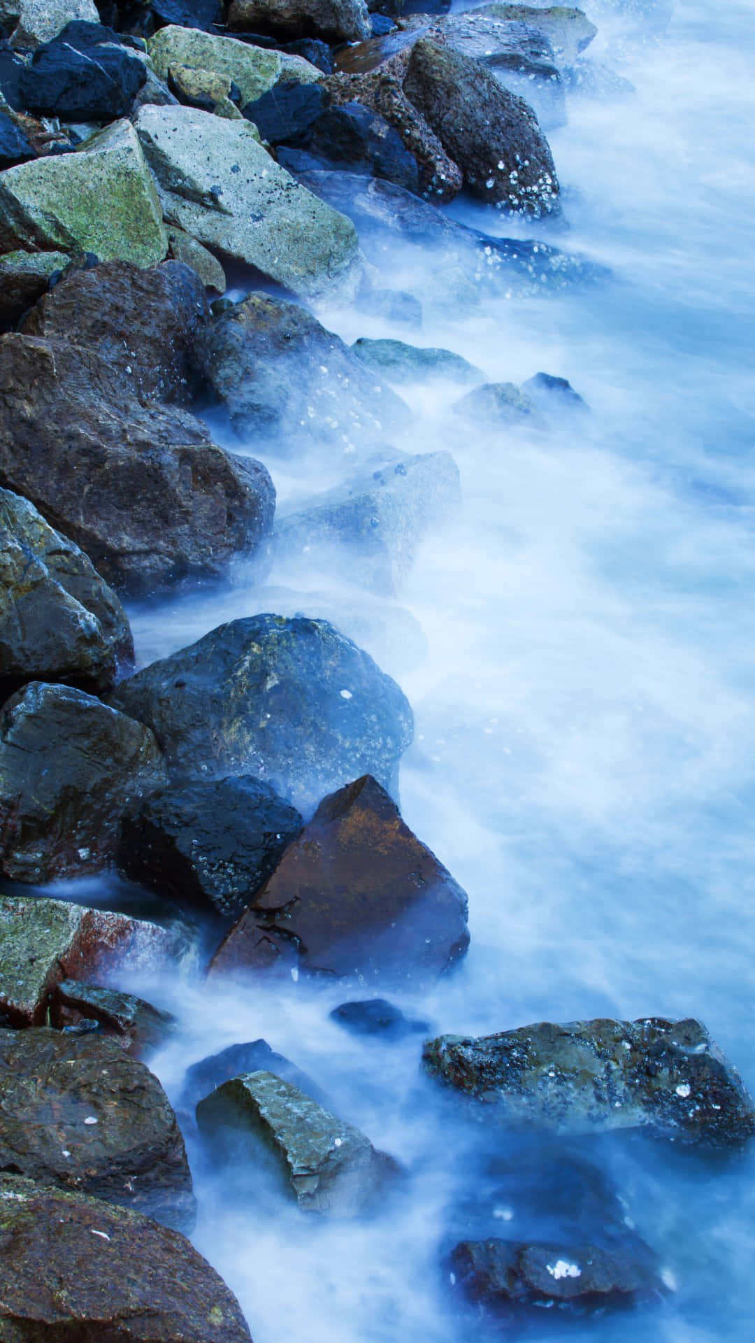 Blue Coastal, rocksand mist, calm blue water, Full HD Phone Wallpaper