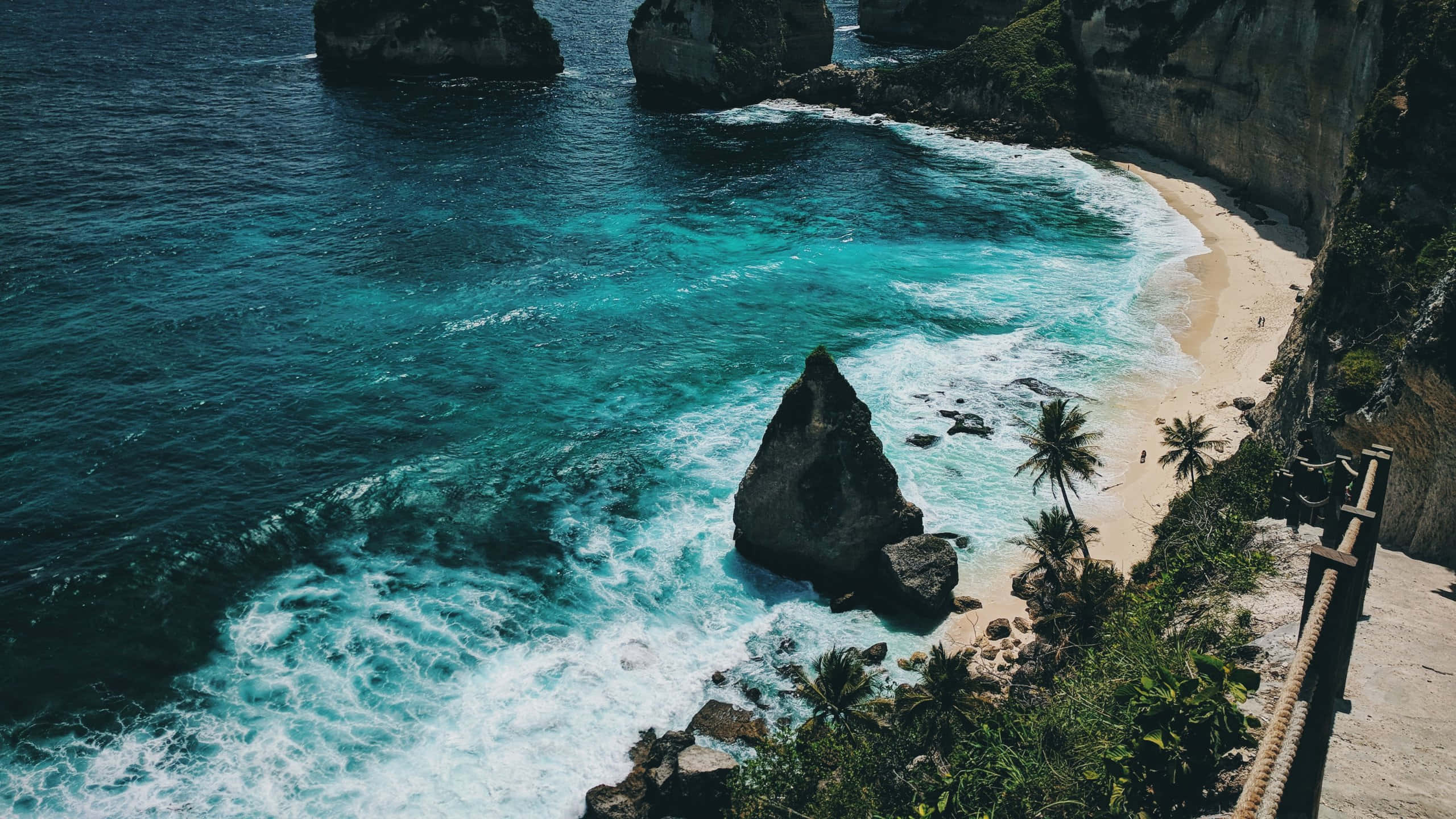 tropical blue coastline cliffs, turquoise ocean, rocky cliffs, 2K Desktop Wallpaper