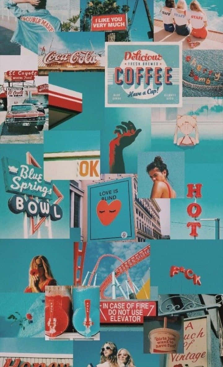 blue collage, teal background, vintage signs, SD Phone Wallpaper