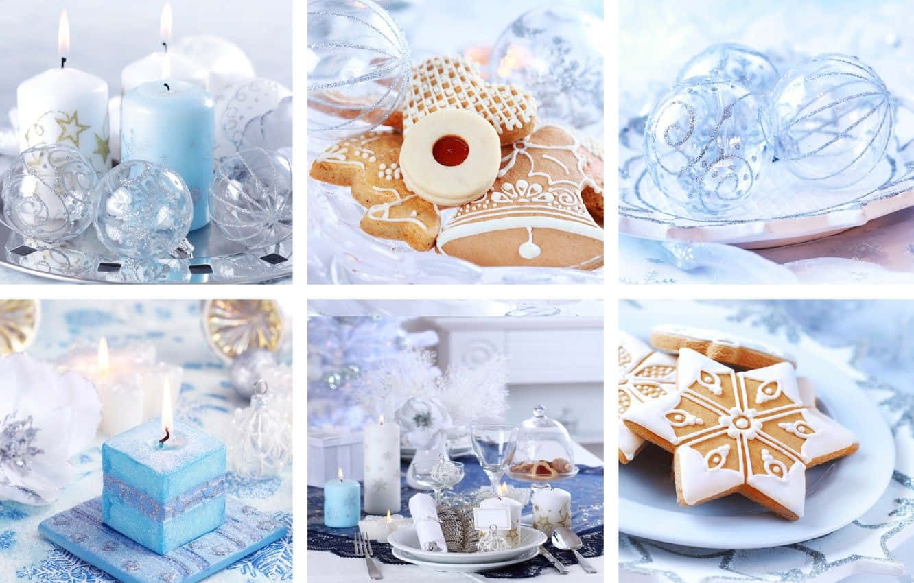 Blue Collage, blue candles, snowflake ornaments, HD Desktop Wallpaper