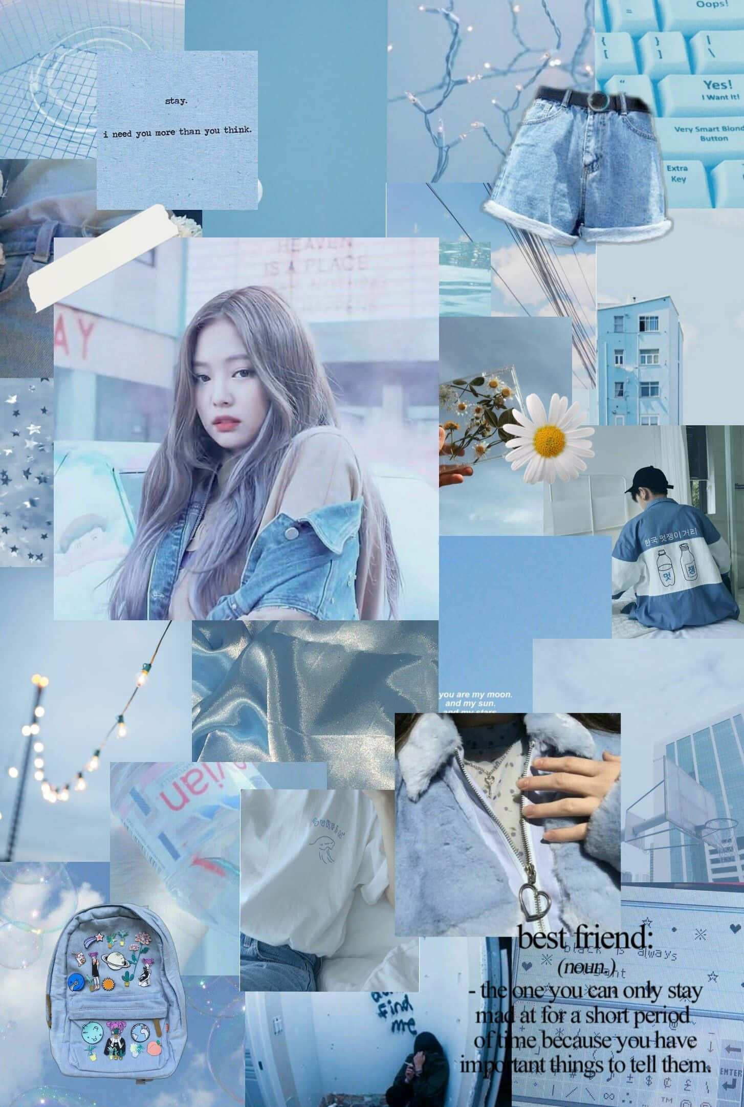 blue collage, young woman, denim shorts, Full HD Phone Wallpaper