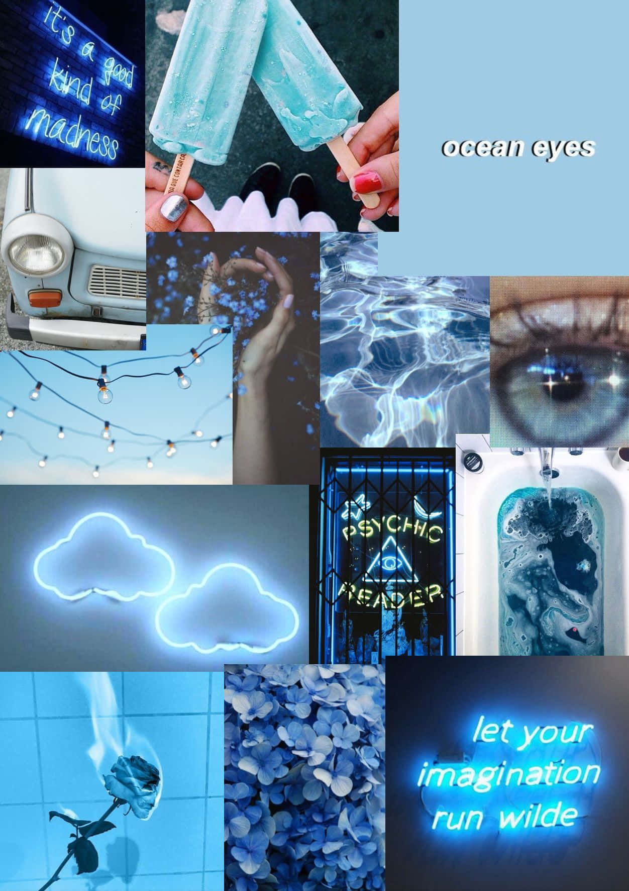 blue collage, neon signs, ocean eyes, HD Phone Wallpaper