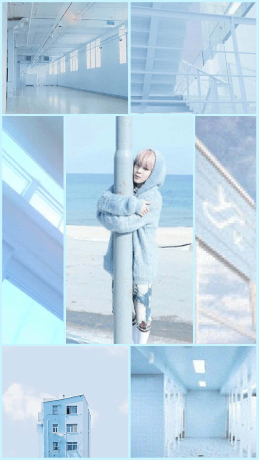 blue collage, fluffy blue coat, sea, HD Phone Wallpaper
