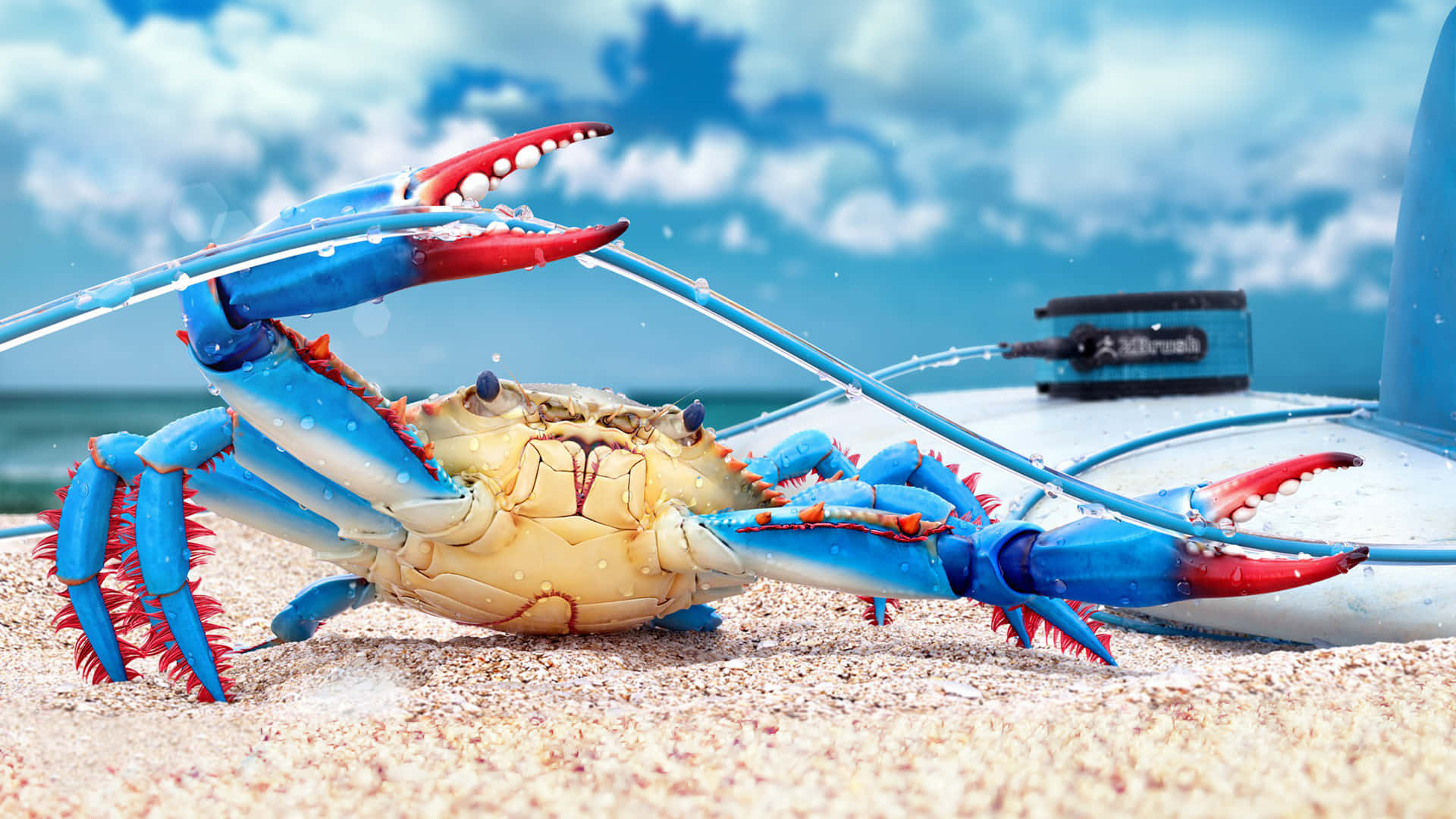 Bright Blue Crab, sandy beach, blue boat, Full HD Desktop Wallpaper