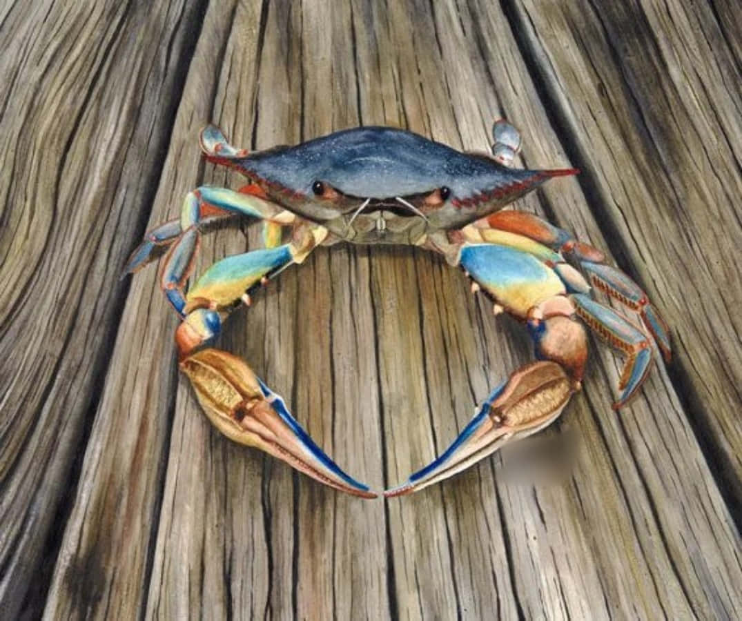 Blue Crab, wooden planks, watercolor illustration, SD Desktop Wallpaper