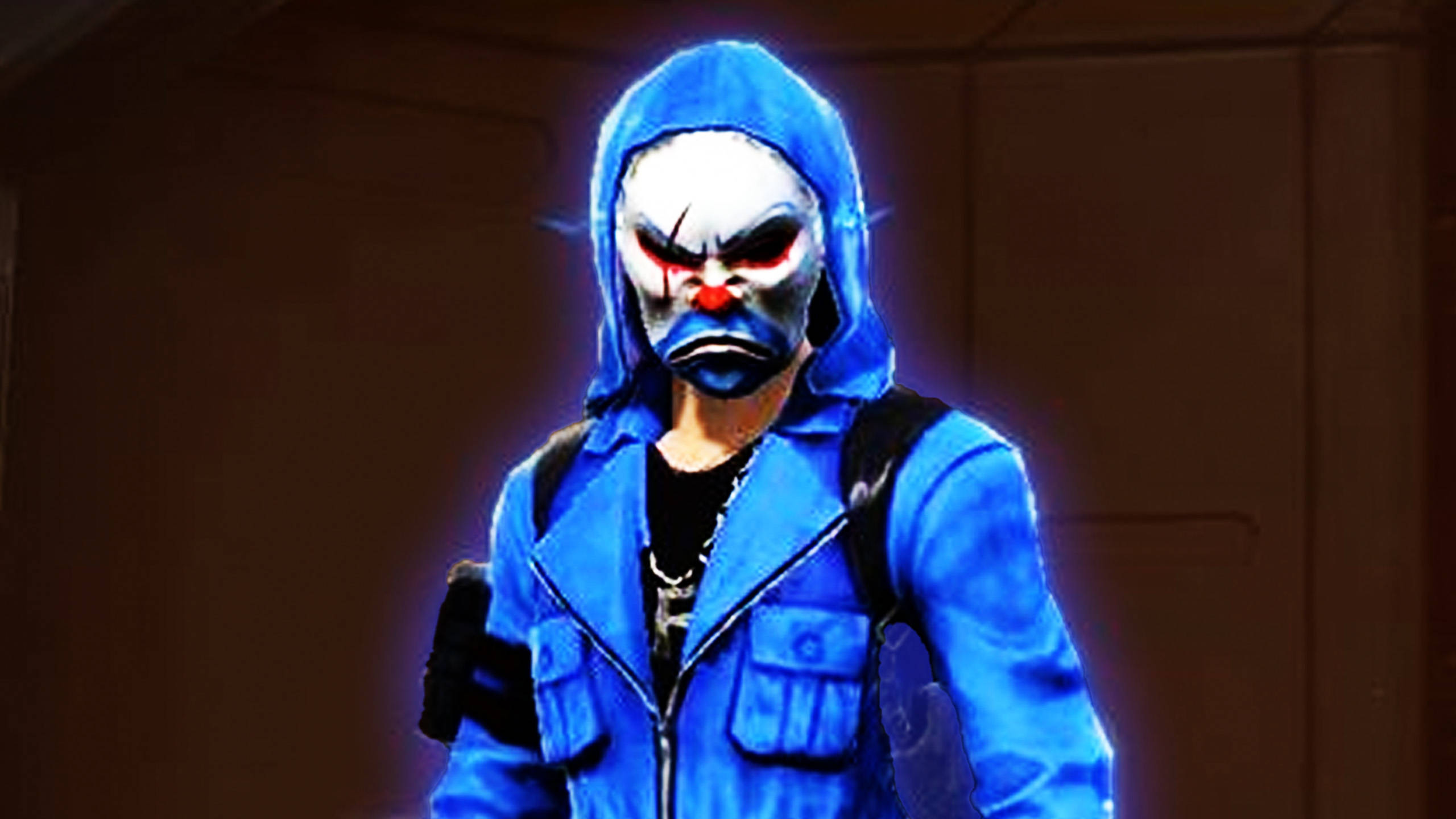 glowing blue hoodie, clown mask, intense red eyes, 2K Desktop Wallpaper
