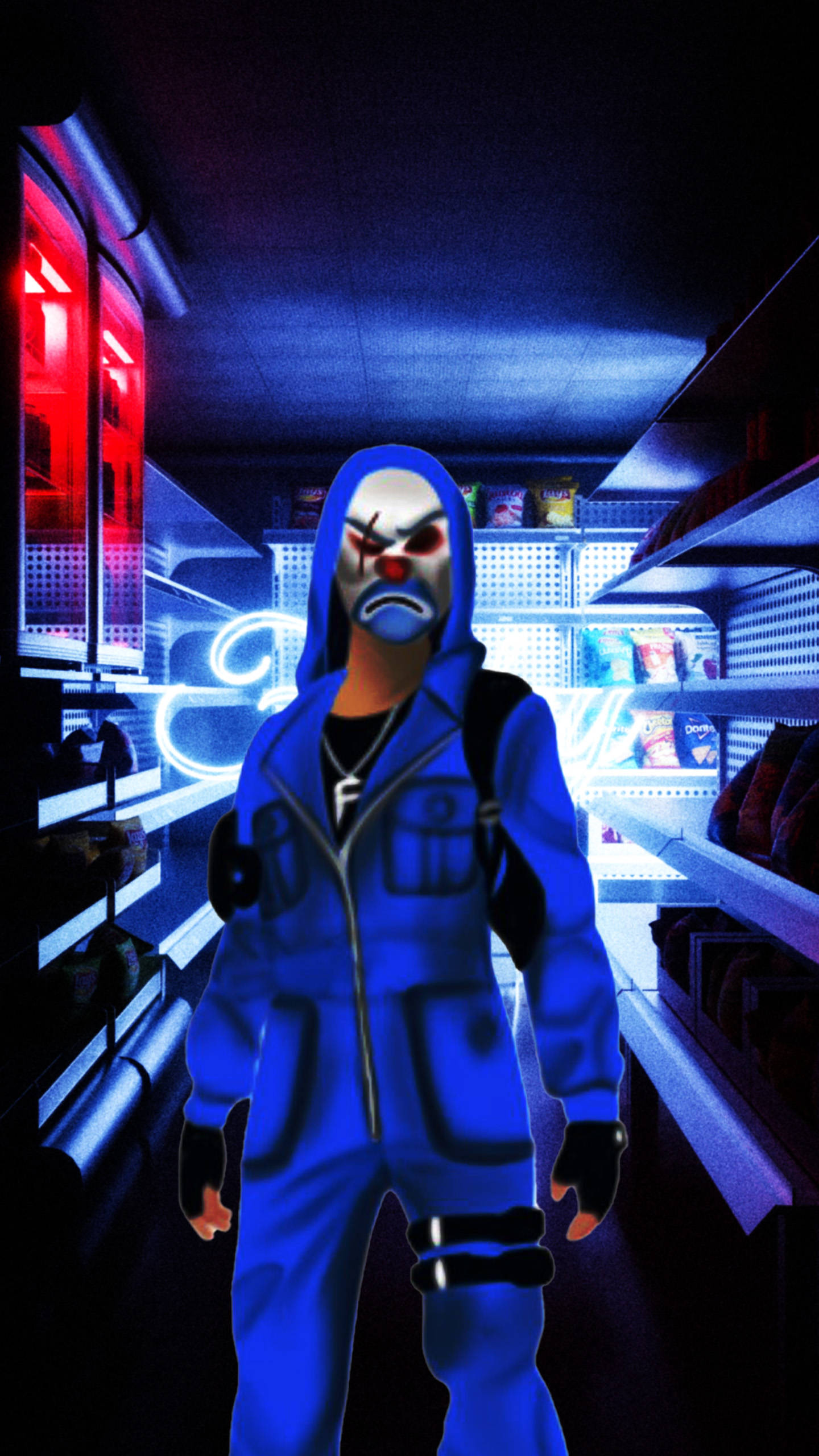 Blue Criminal Bundle, neon-lit convenience store, glowing red and blue lights, 2K Phone Wallpaper
