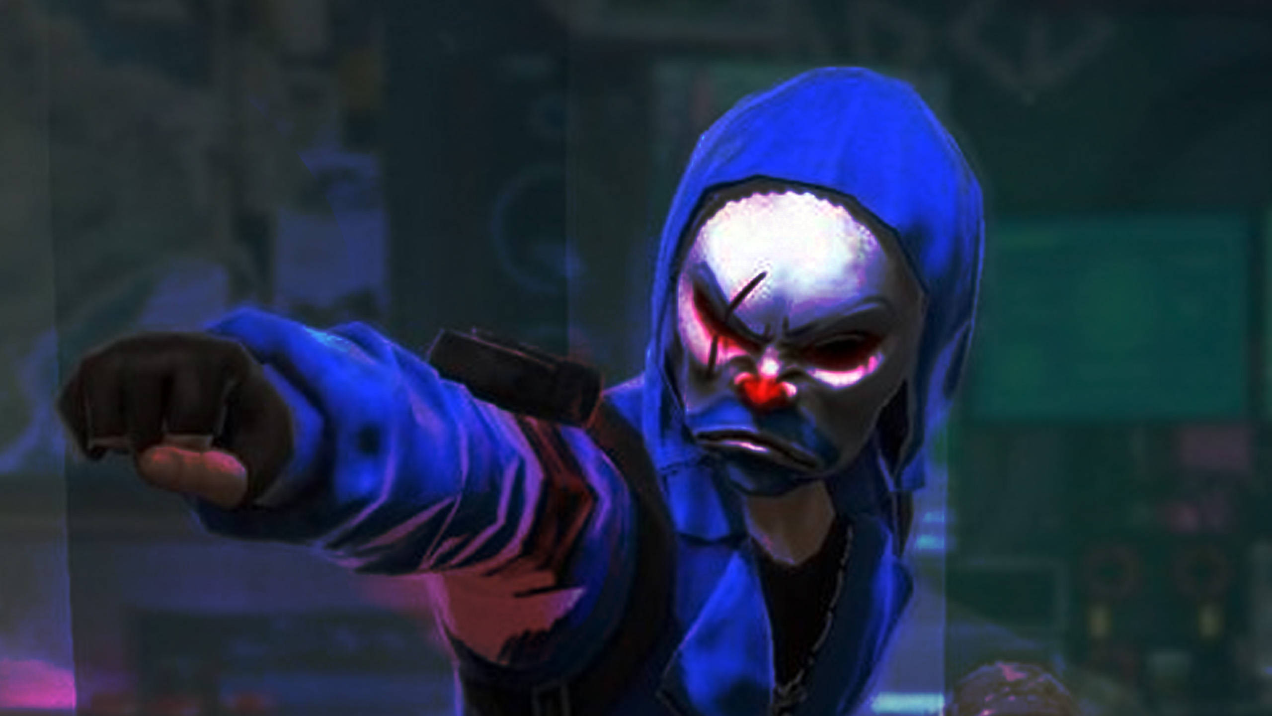 Blue Criminal Bundle, blue hooded figure, white clown mask, 2K Desktop Wallpaper
