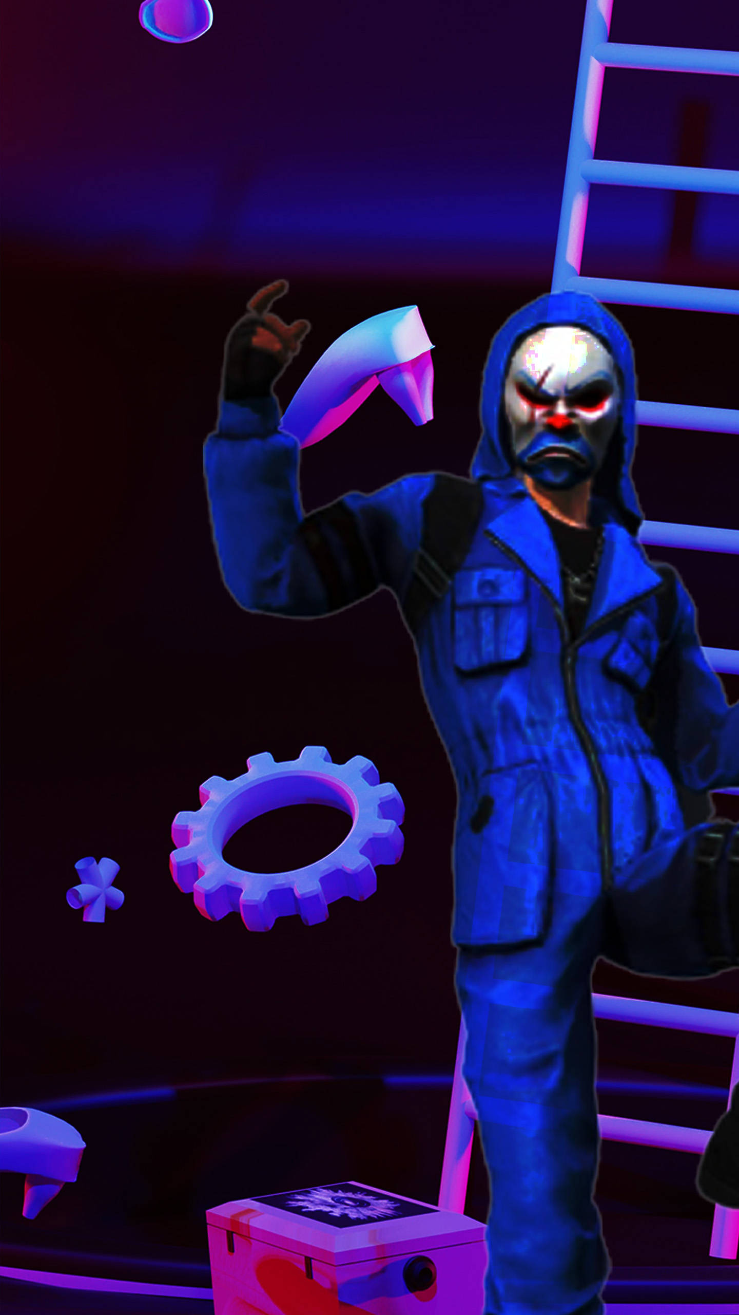 Blue Criminal Bundle, blue jumpsuit, glowing purple mechanical parts, 2K Phone Wallpaper