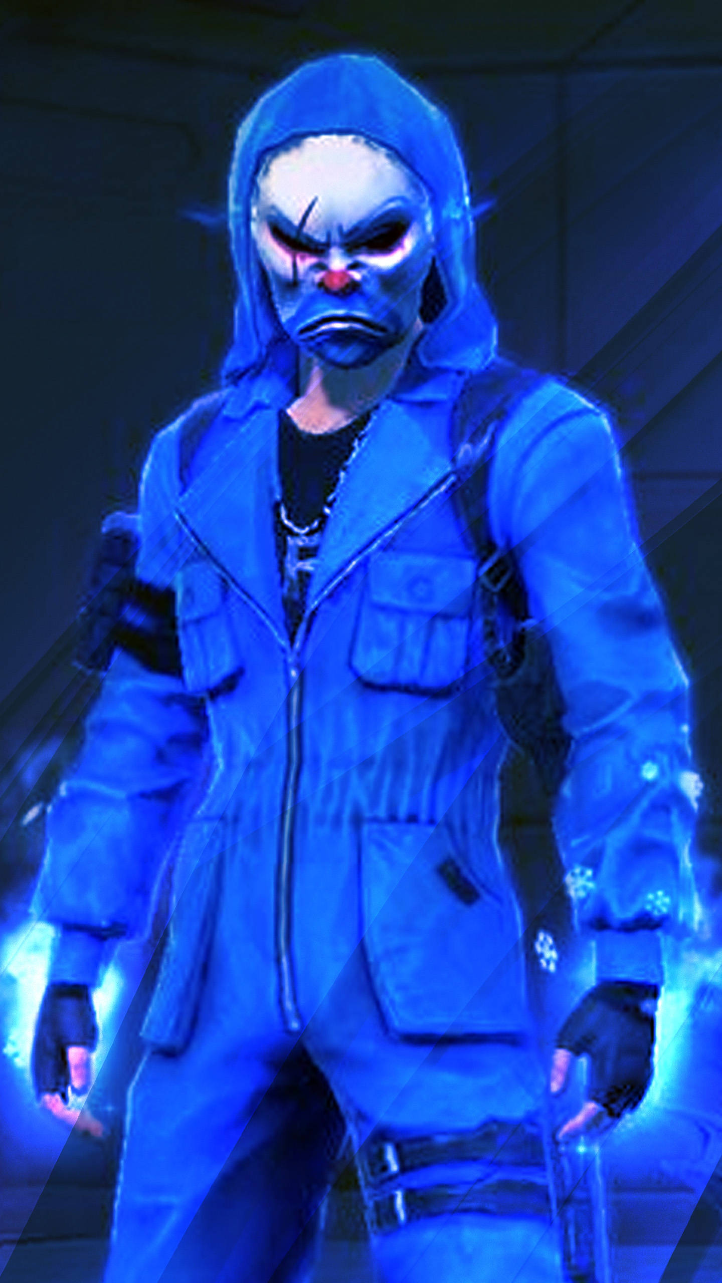 glowing blue criminal bundle character, blue hooded jumpsuit, clown mask, 2K Phone Wallpaper