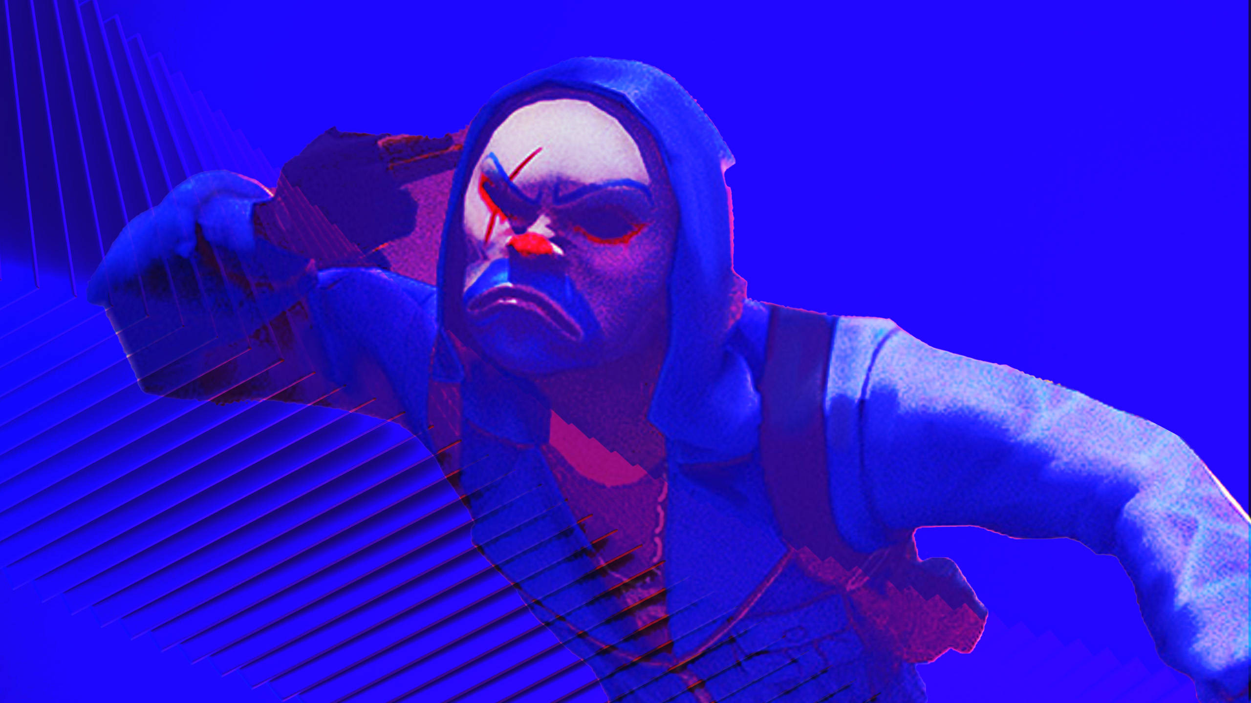 Blue Criminal Bundle, hooded figure, red eyes, 2K Desktop Wallpaper