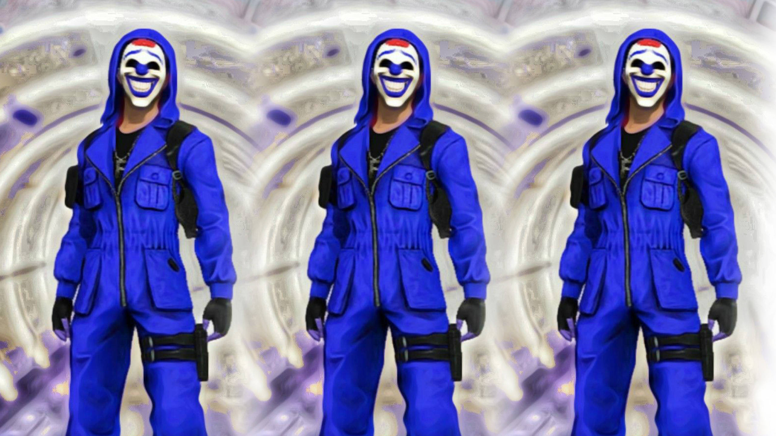 Blue Criminal Bundle, three identical figures, blue jumpsuits, 2K Desktop Wallpaper