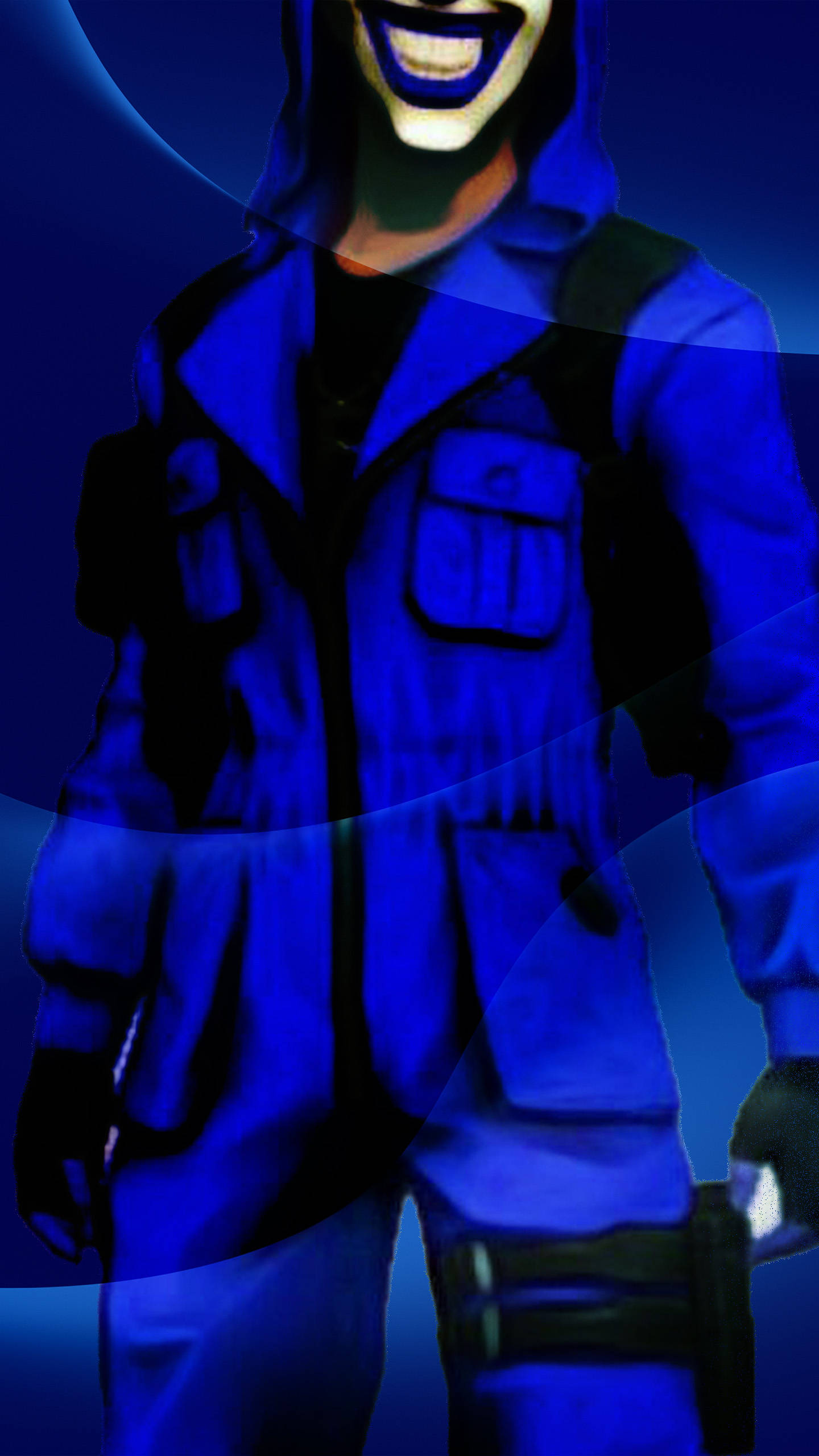 Smiling Blue Criminal Bundle Character, hooded figure, wide grinning mask, 2K Phone Wallpaper