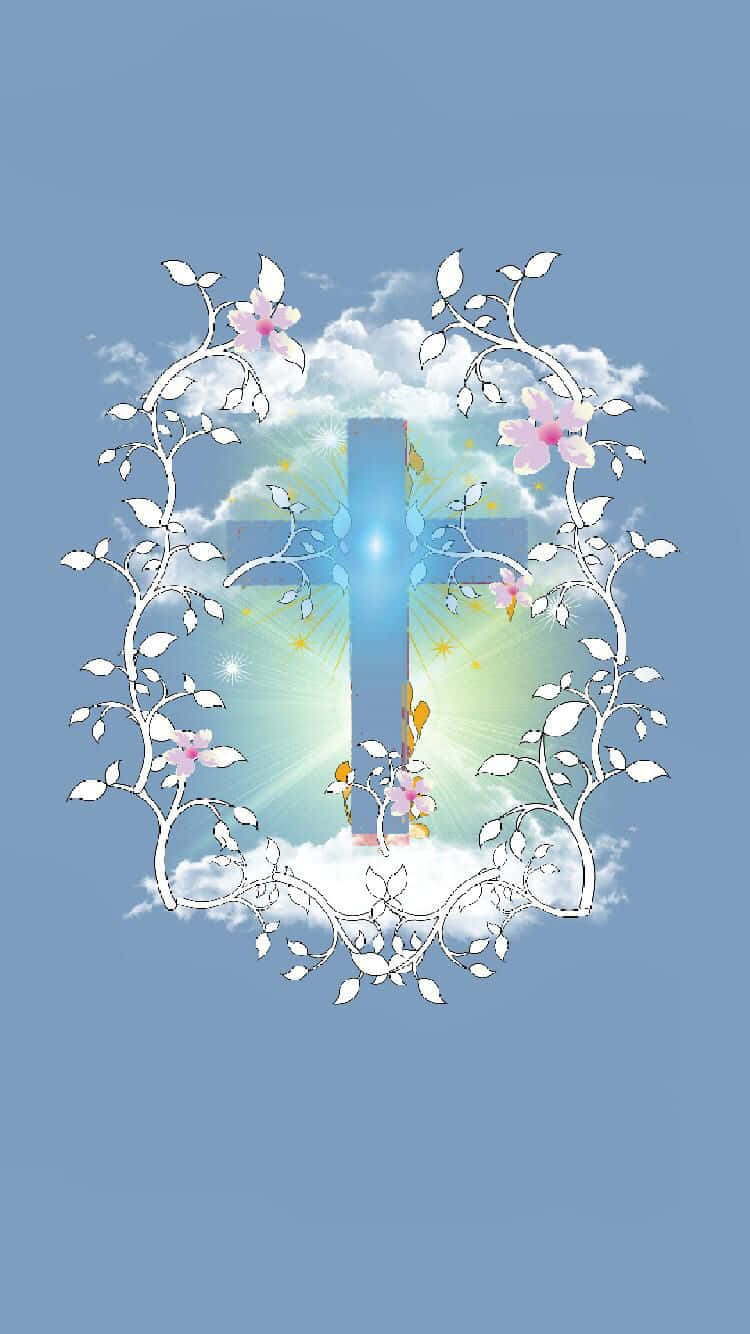 Blue Cross, glowing blue cross, floral wreath, HD Phone Wallpaper