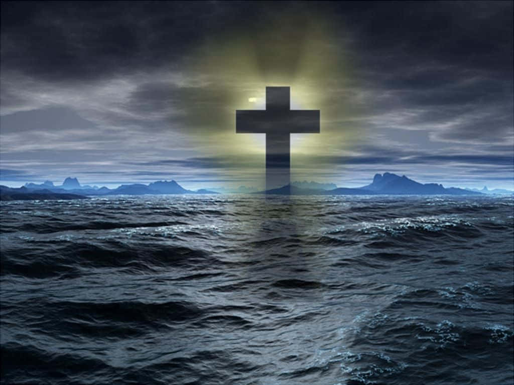 Blue Cross, glowing cross, turbulent ocean waters, SD Desktop Wallpaper