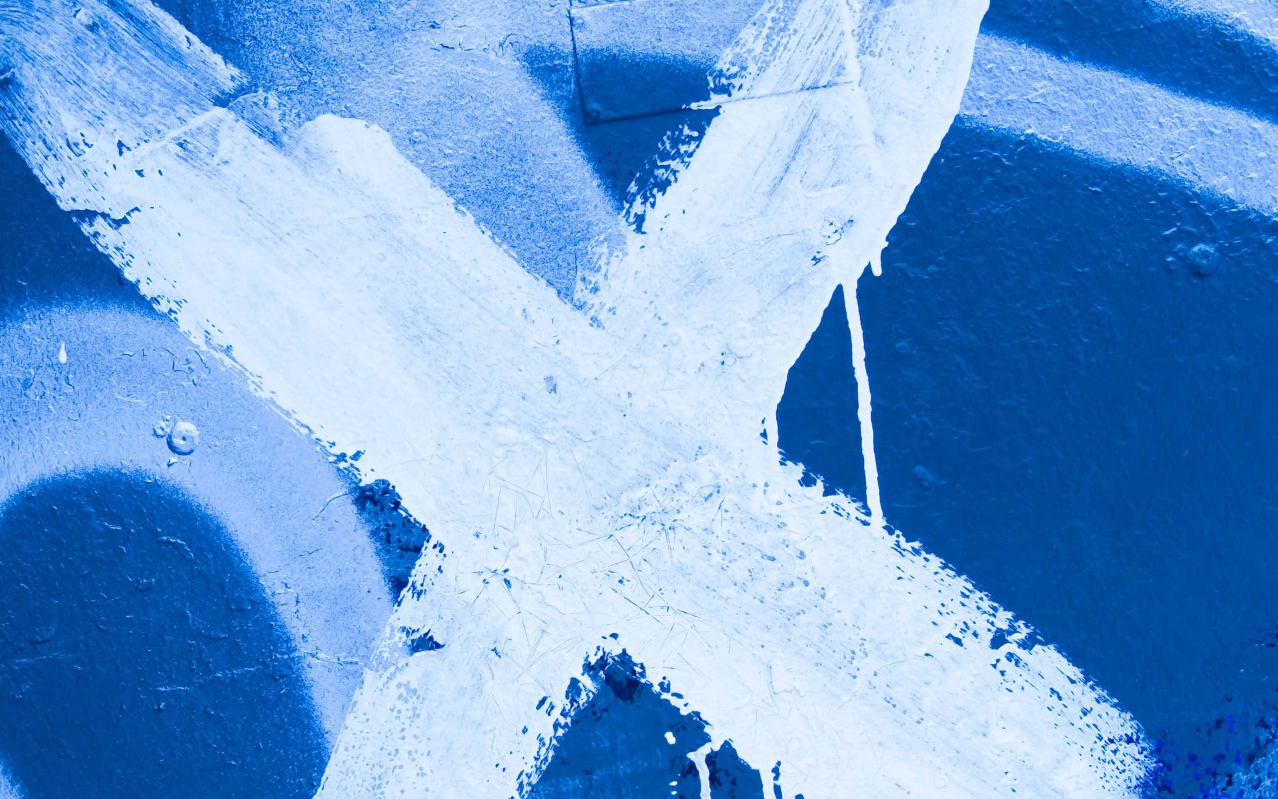 Blue Cross, white graffiti X, textured blue wall, 2K Desktop Wallpaper