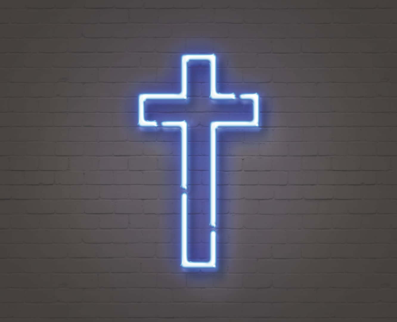 Blue Cross, glowing blue neon cross, textured gray brick wall, HD Desktop Wallpaper