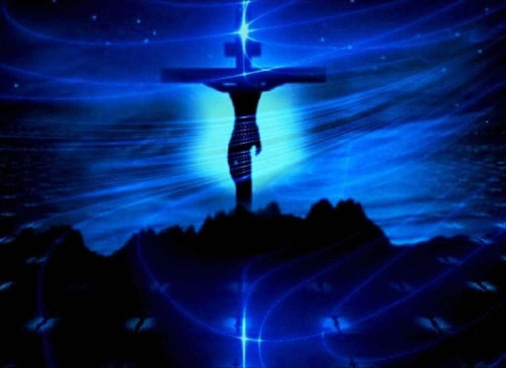 Blue Cross, glowing blue crucifixion silhouette, starry night sky, SD Desktop Wallpaper