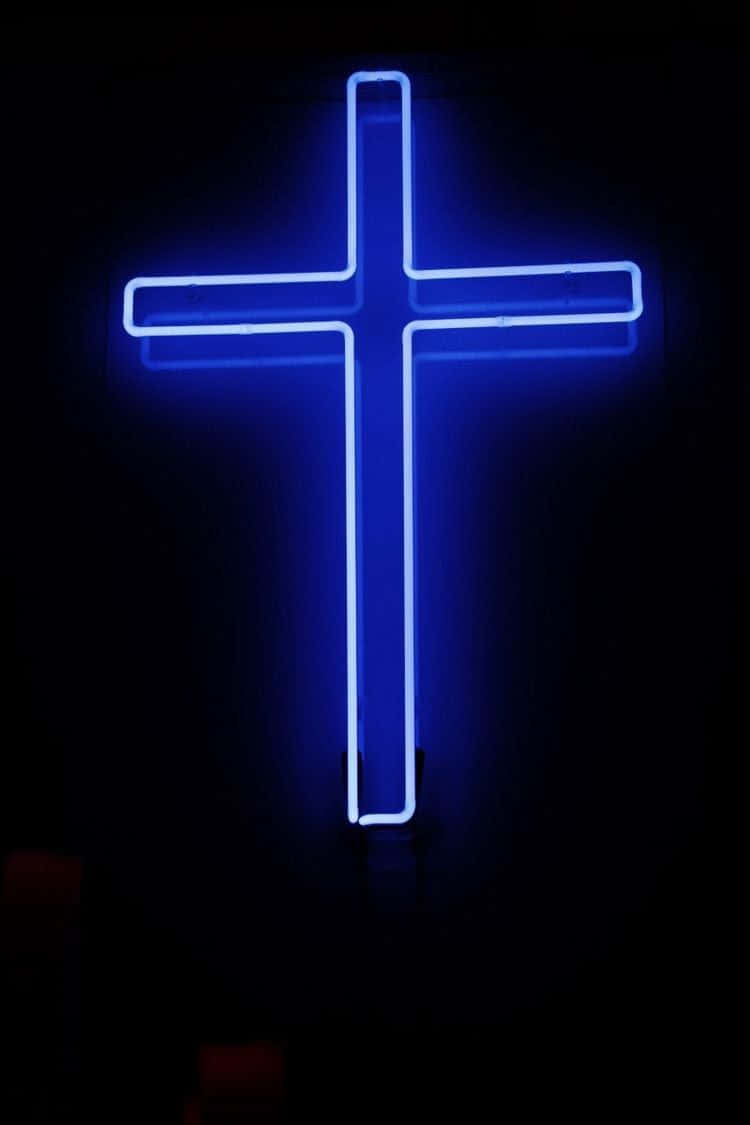 Blue Cross, glowing blue neon cross, pitch-black background, SD Phone Wallpaper