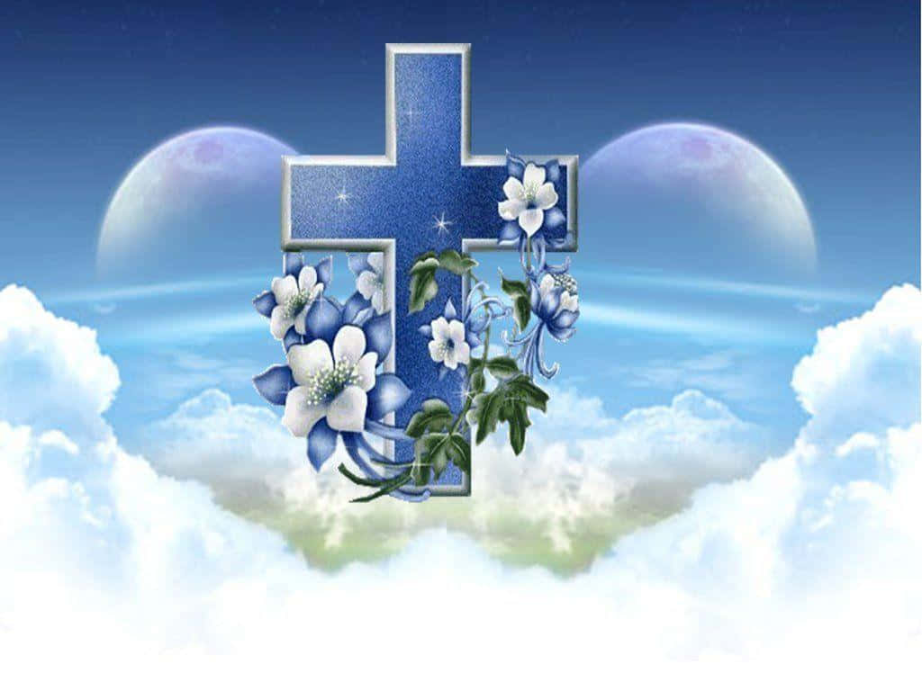 Blue Cross, glowing blue cross, white flowers, SD Desktop Wallpaper