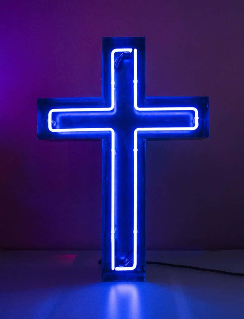 Blue Cross, glowing blue neon cross, deep purple wall, SD Phone Wallpaper