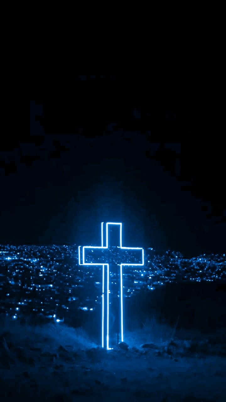 Blue Cross, neon cross, snowy field, HD Phone Wallpaper