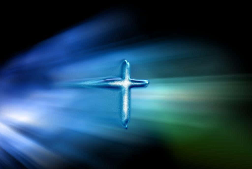 Blue Cross, glowing metallic cross, blue and green light, SD Desktop Wallpaper