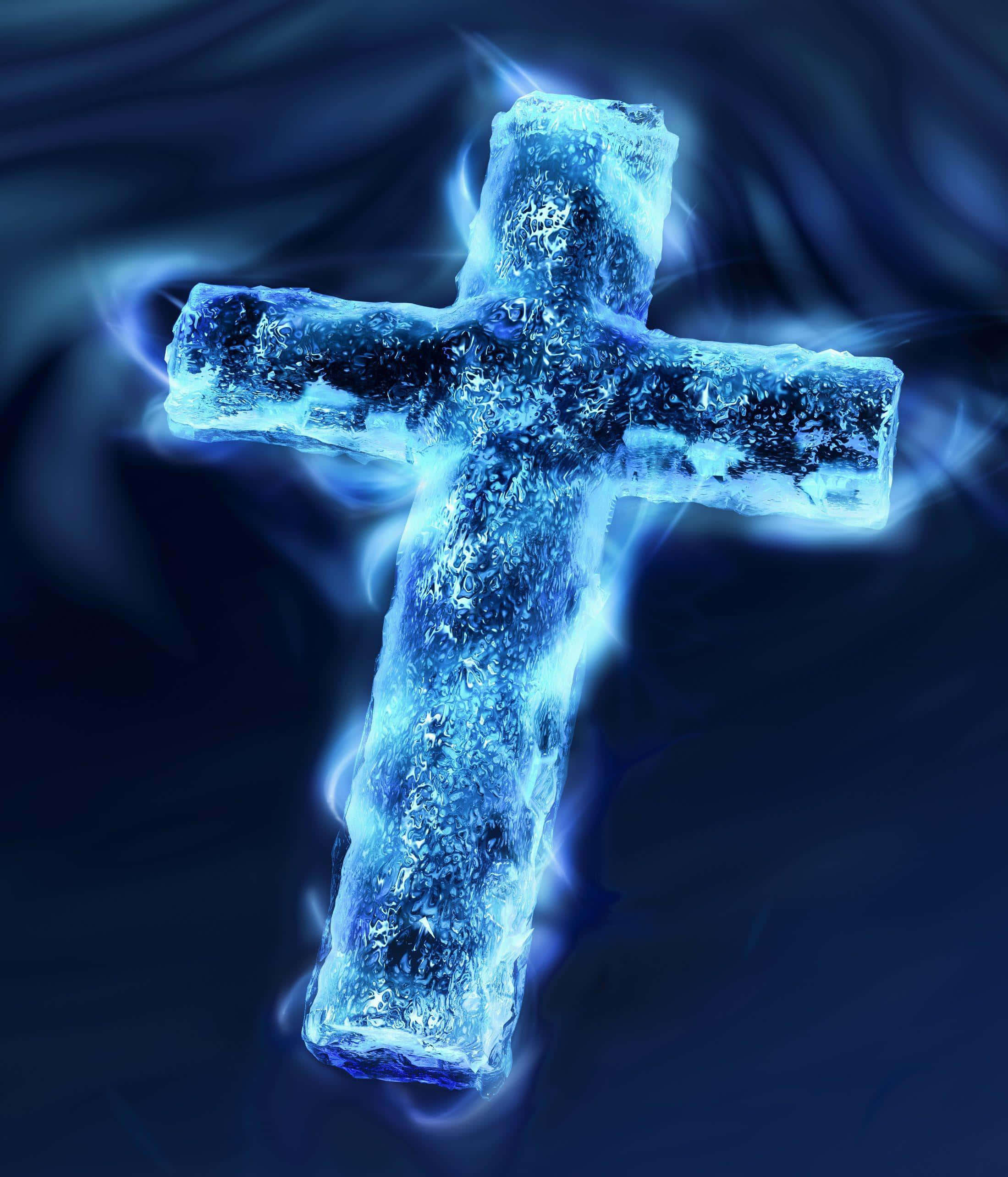 Blue Cross, glowing blue ice cross, swirling dark blue background, 2K Phone Wallpaper