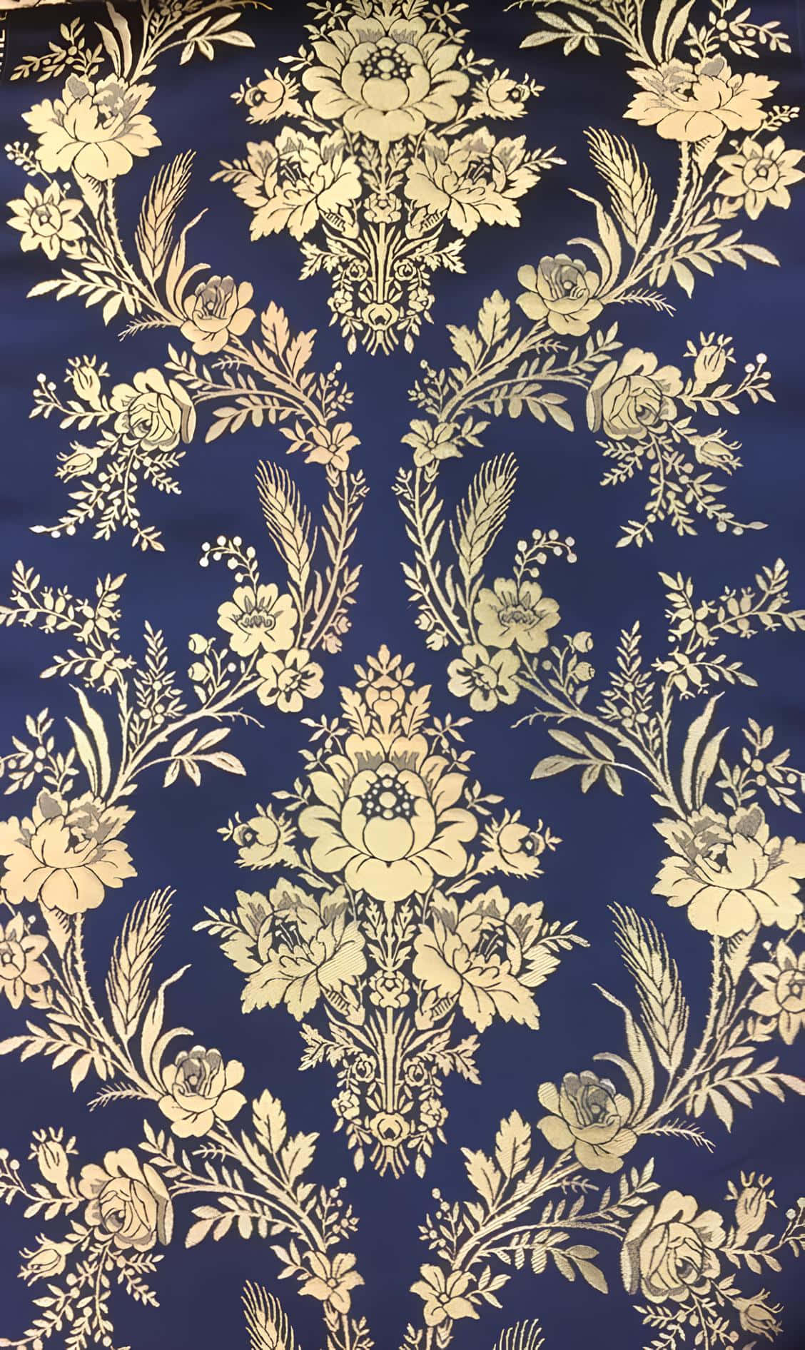 elegant blue damask pattern, gold floral damask, deep navy blue fabric, HD Phone Wallpaper