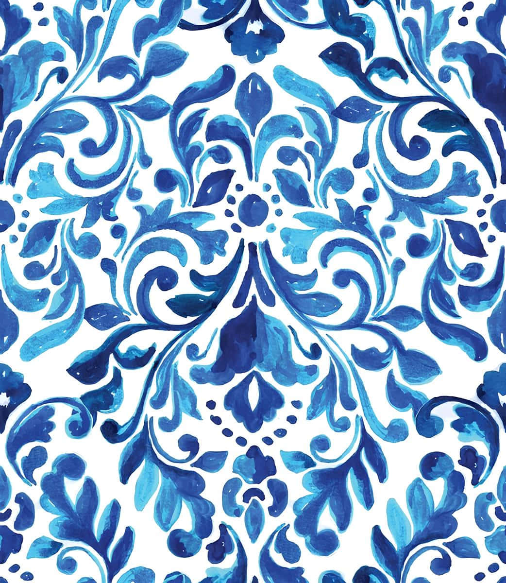 blue damask pattern, swirling floral motifs, hand-painted watercolor texture, SD Phone Wallpaper