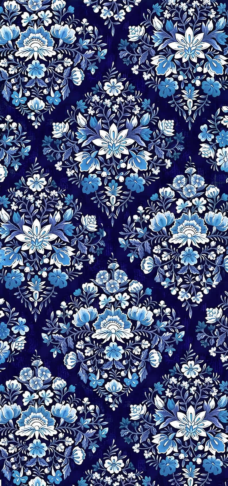 blue damask pattern, blue and white blossoms, leaves, HD Phone Wallpaper