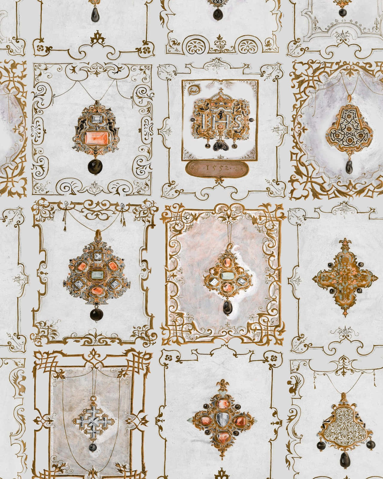 Impartial Damask Design, gold filigree, vintage religious pendants, HD Phone Wallpaper